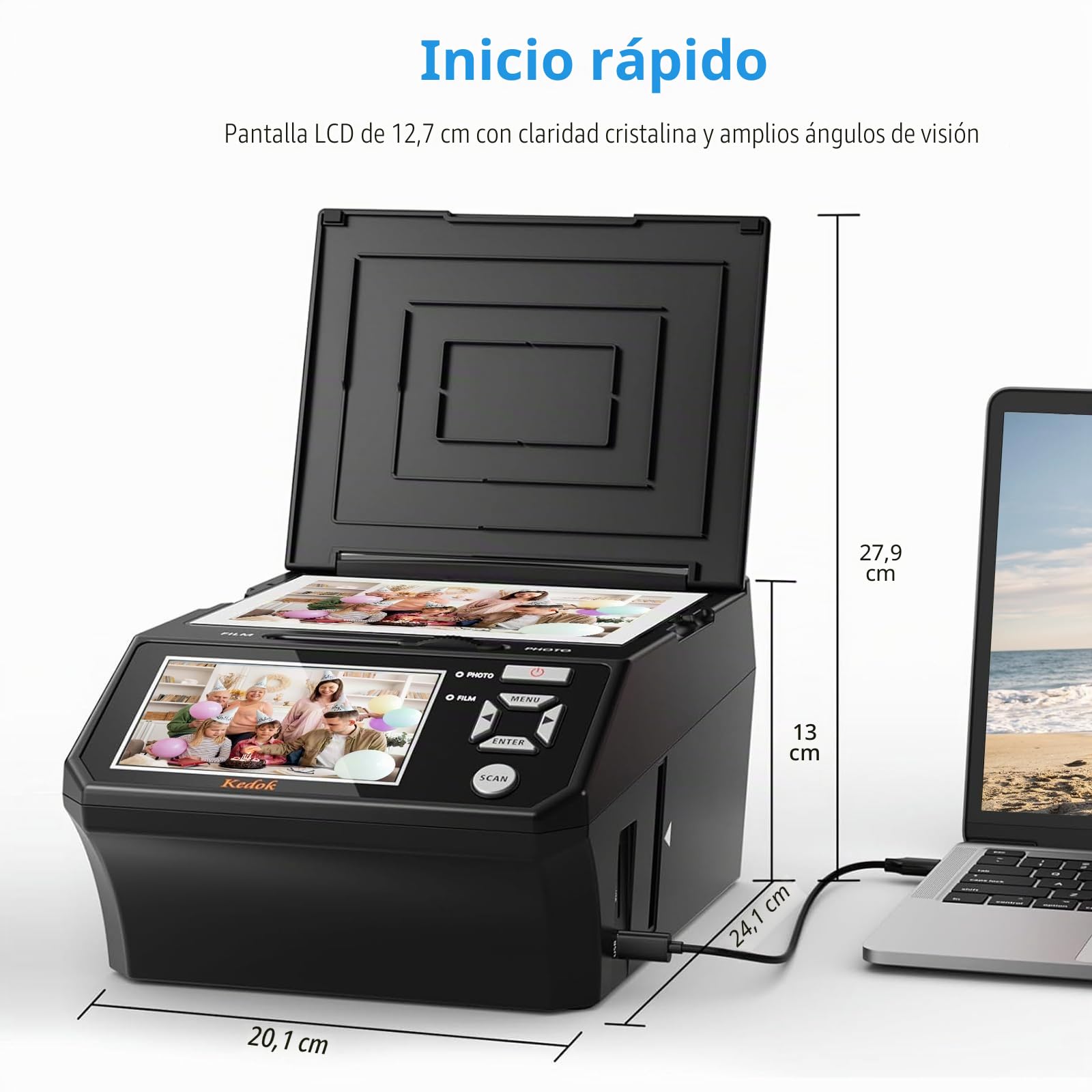 Escáner digital de películas y diapositivas: con pantalla LCD de 5 pulgadas, convierte películas, fotos y tarjetas de visita de 35 mm y 110 mm a JPEG de alta resolución, incluye tarjeta SD de 8 GB.