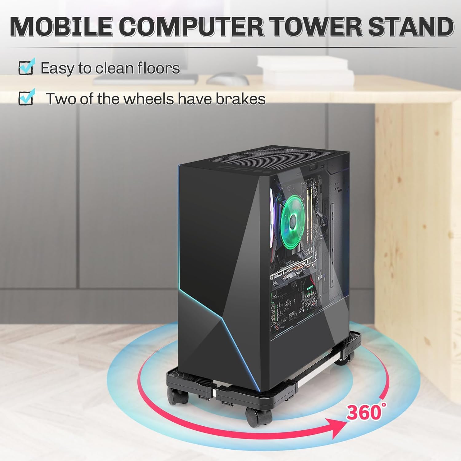 Support PC Fixe Réglable Stand avec 4 Roues Roulettes, 2 Roues Verrouillables Noir