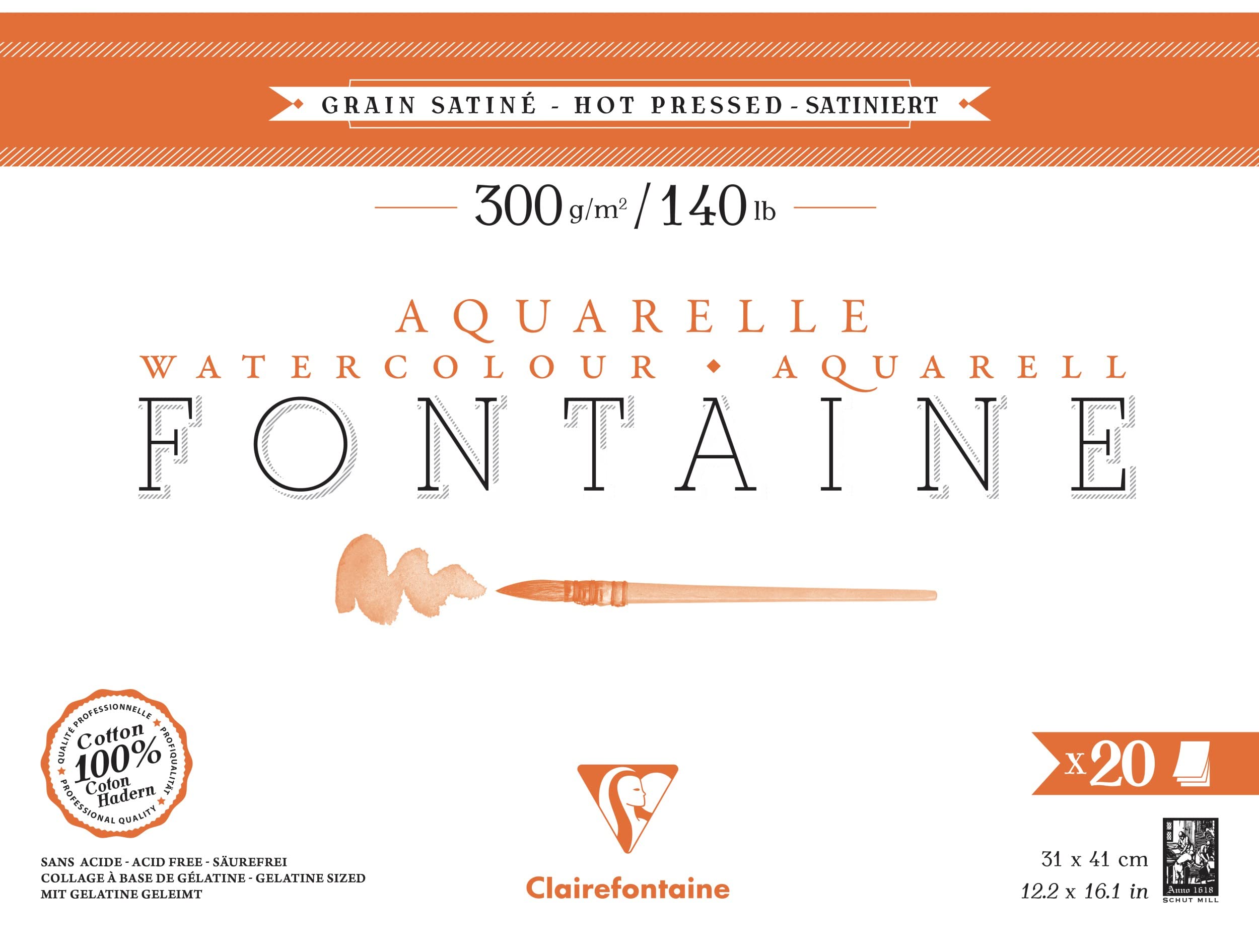 Clairefontaine 975511C Blok do akwareli klejony z 4 stron Fontaine – 20 arkuszy białego papieru akwarelowego 100% bawełna, faktura satynowa, Format 31x41 cm 300 g