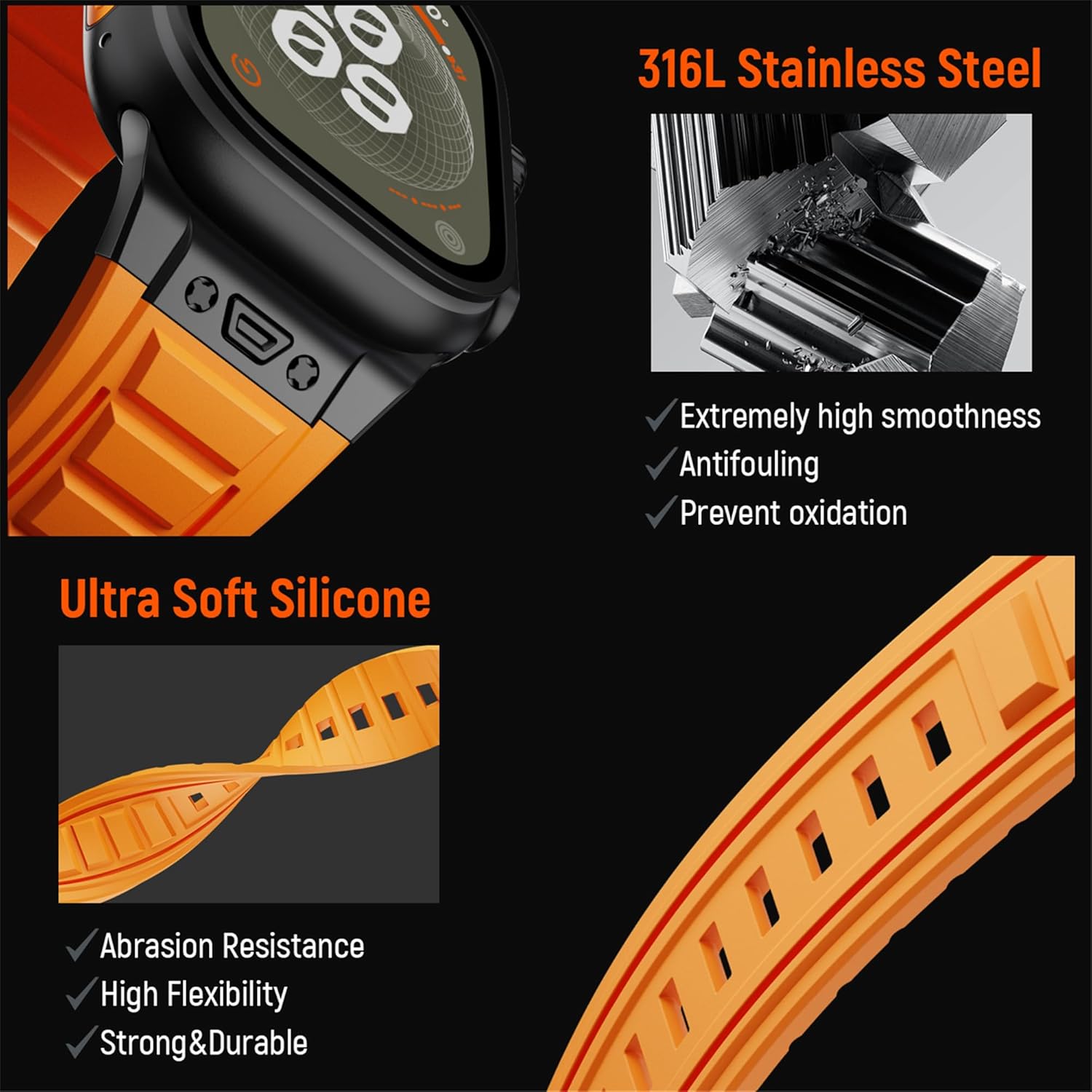 Sport Band for Apple Watch Ultra 3 2 Band 49mm 46mm 45mm 44mm, Men Tactics Rugged Silicone Rubber Waterproof Strap with Stainless Steel Metal for iWatch Series 11 10 9 8 7 6 5 4 SE 3 2 1 - Image 5