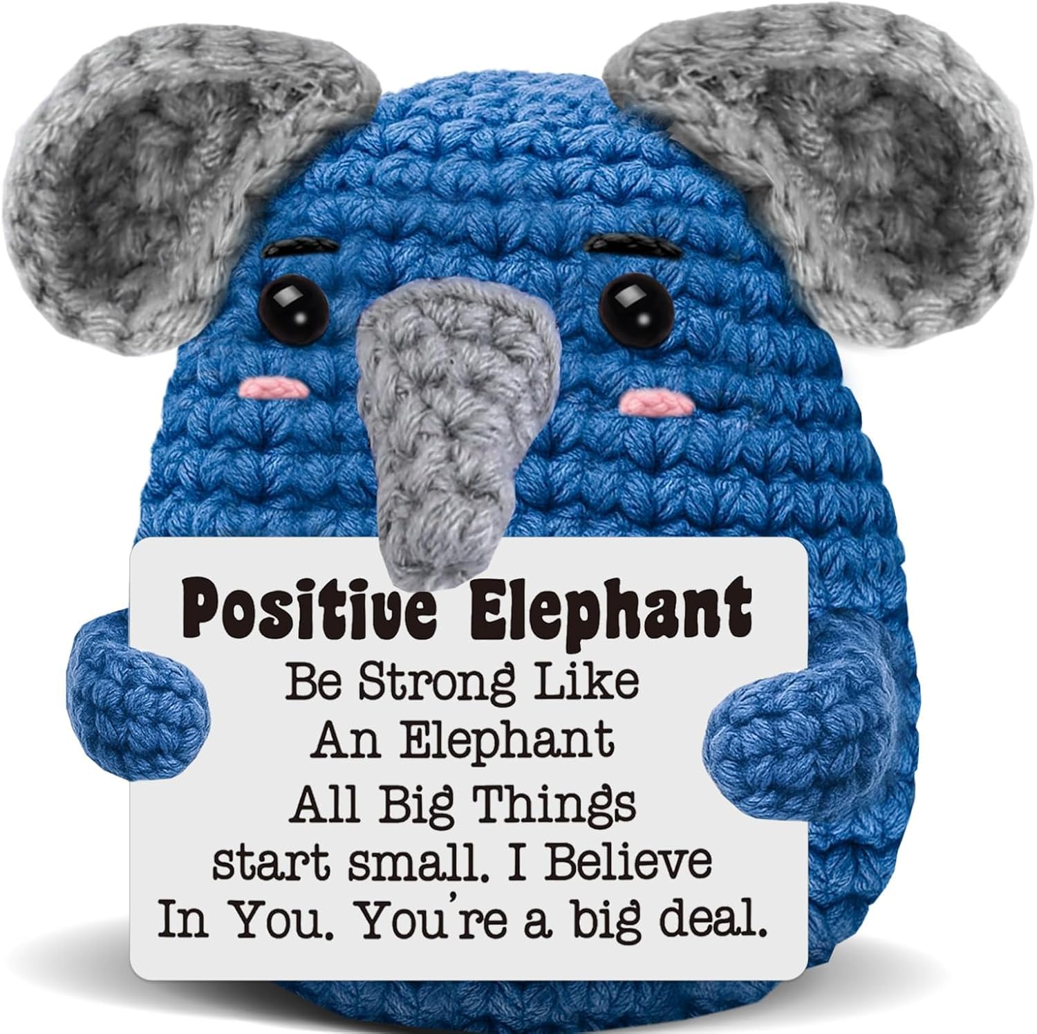 Oneser Positive Crochet Plush Toy, Emotional Support Animal, with Positive Messages for Adult Women Cute Pickle Desktop Decor Birthday Gifts (Royal Blue Positiue Elephant)