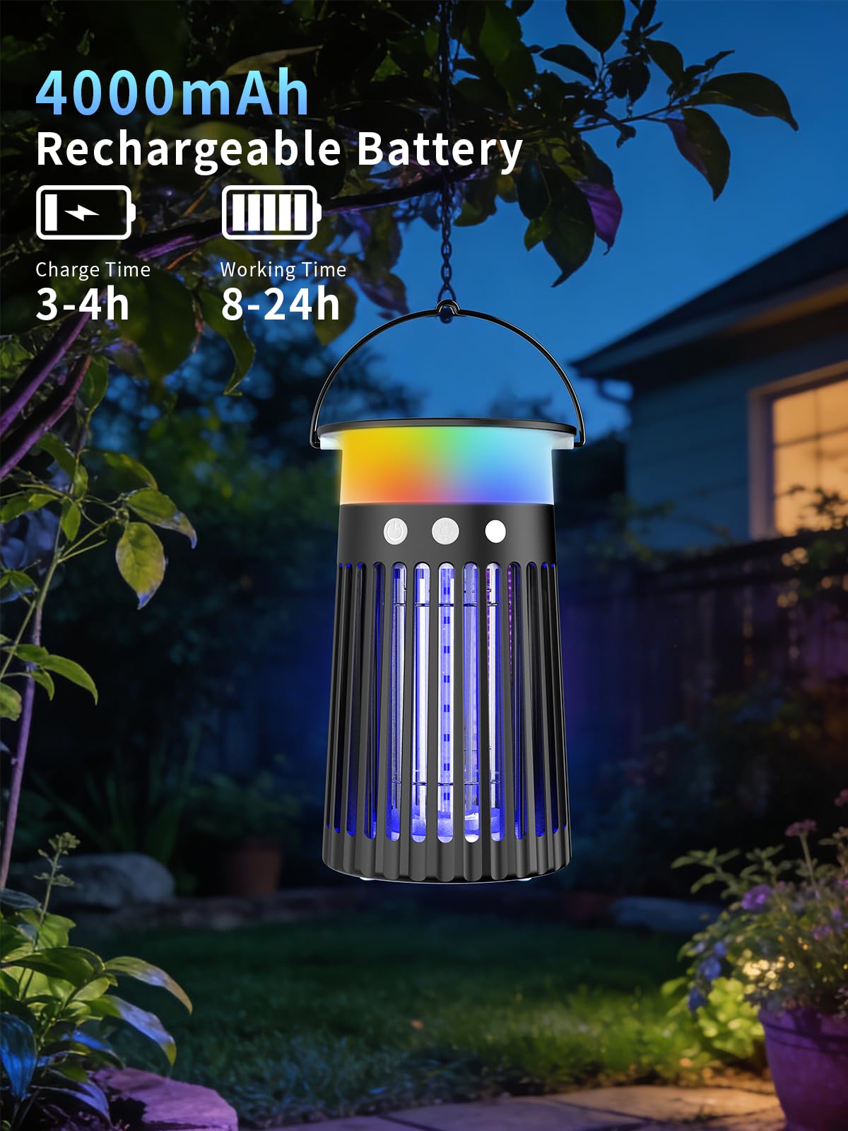 Mosquito Zapper – Trappola per insetti da esterni, 4200 V, ricaricabile, impermeabile, per patio, giardino, campeggio e casa, respinge zanzare, intrappola moscerini della frutta e moscerini