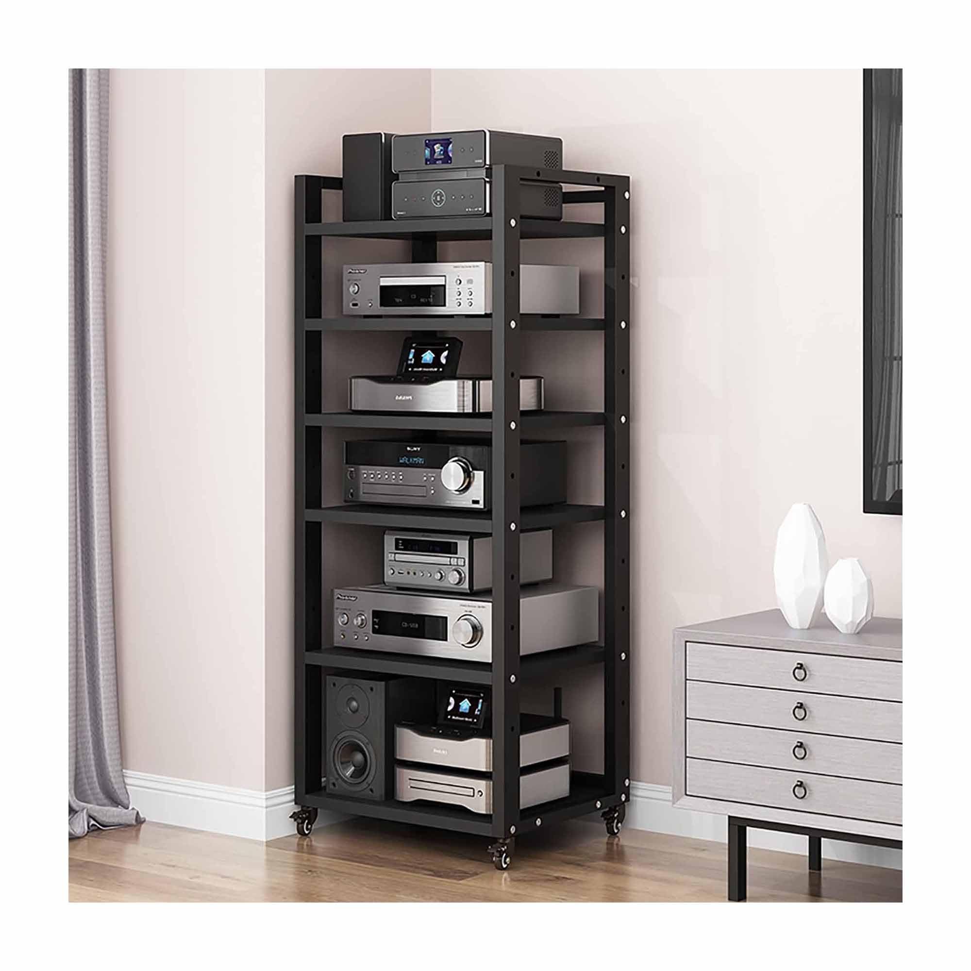 Meuble TV d'angle noir de 140 cm de hauteur avec rangements optimisés pour salon