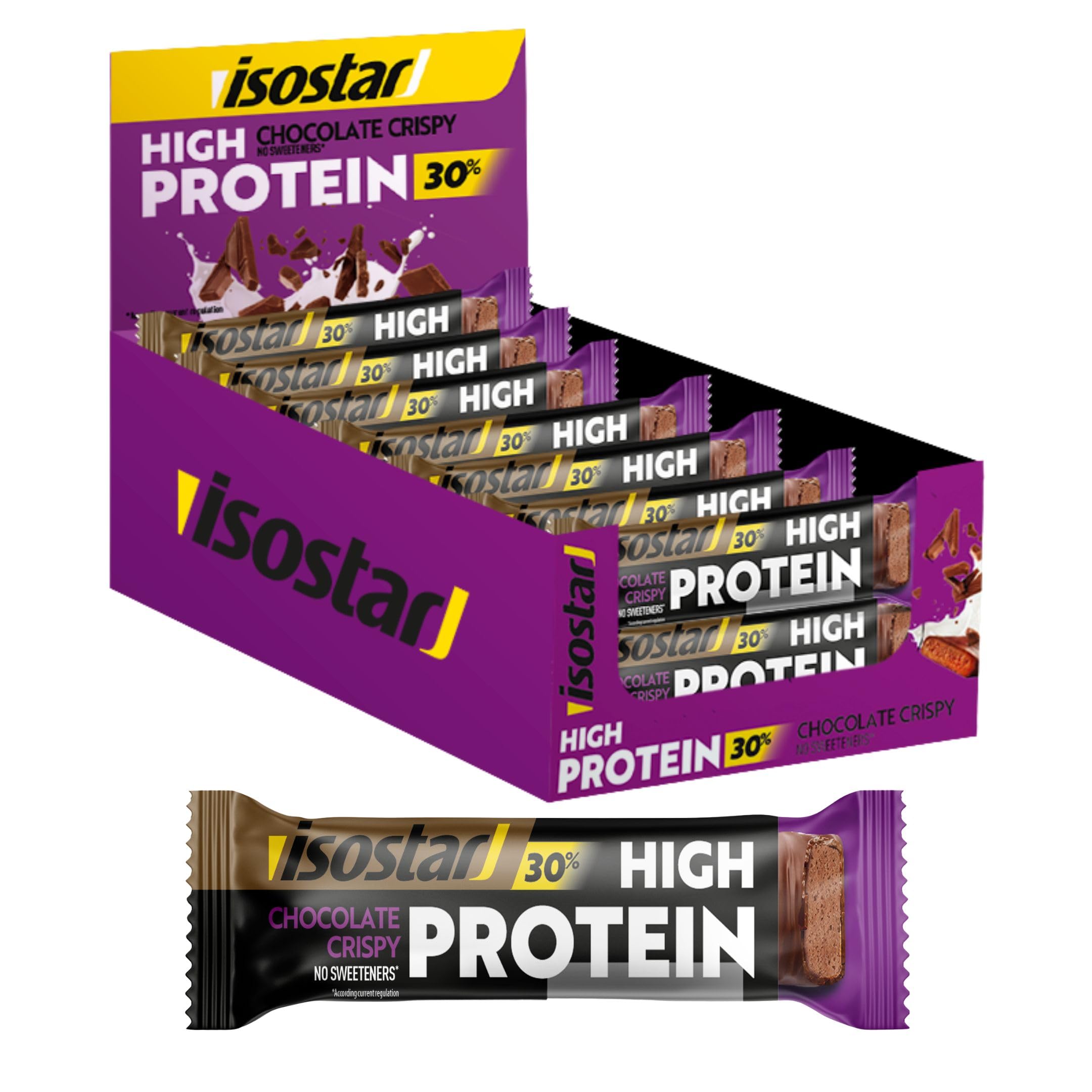 ISOSTAR – Barres High Protein 30 Chocolate Crispy – Barres Protéinées Sport avec Glucides – Énergie & Récupération – Snack Fitness, Cross Training & Musculation – 16 barres (16 x 55 g)