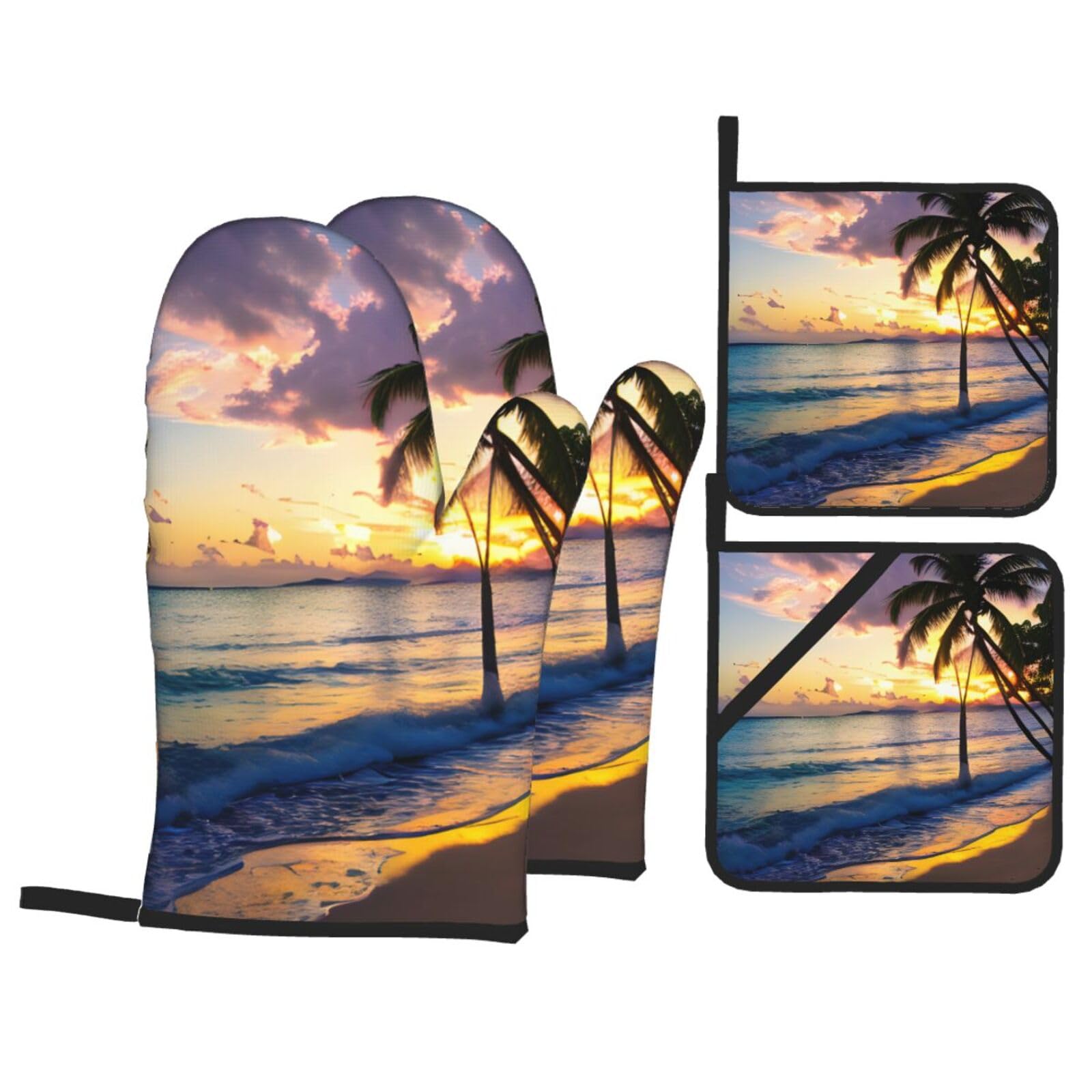 Breathtaking Jamaica Beach Print 4-Piece Oven Microwaving Set Waterproof Kitchen Gloves for Baking Grilling Cooking