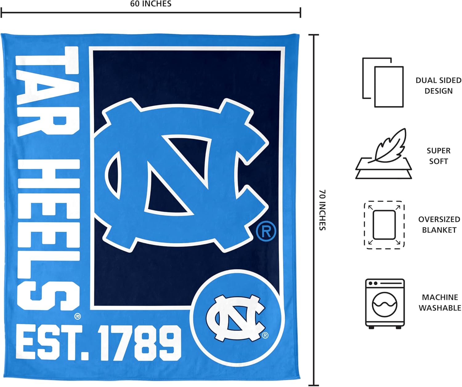 FANMATS NCAA North Carolina Tar Heels Super Plush Throw Blanket – 60" x 70" Size | Team Color | Ultra-Soft Polyester Material