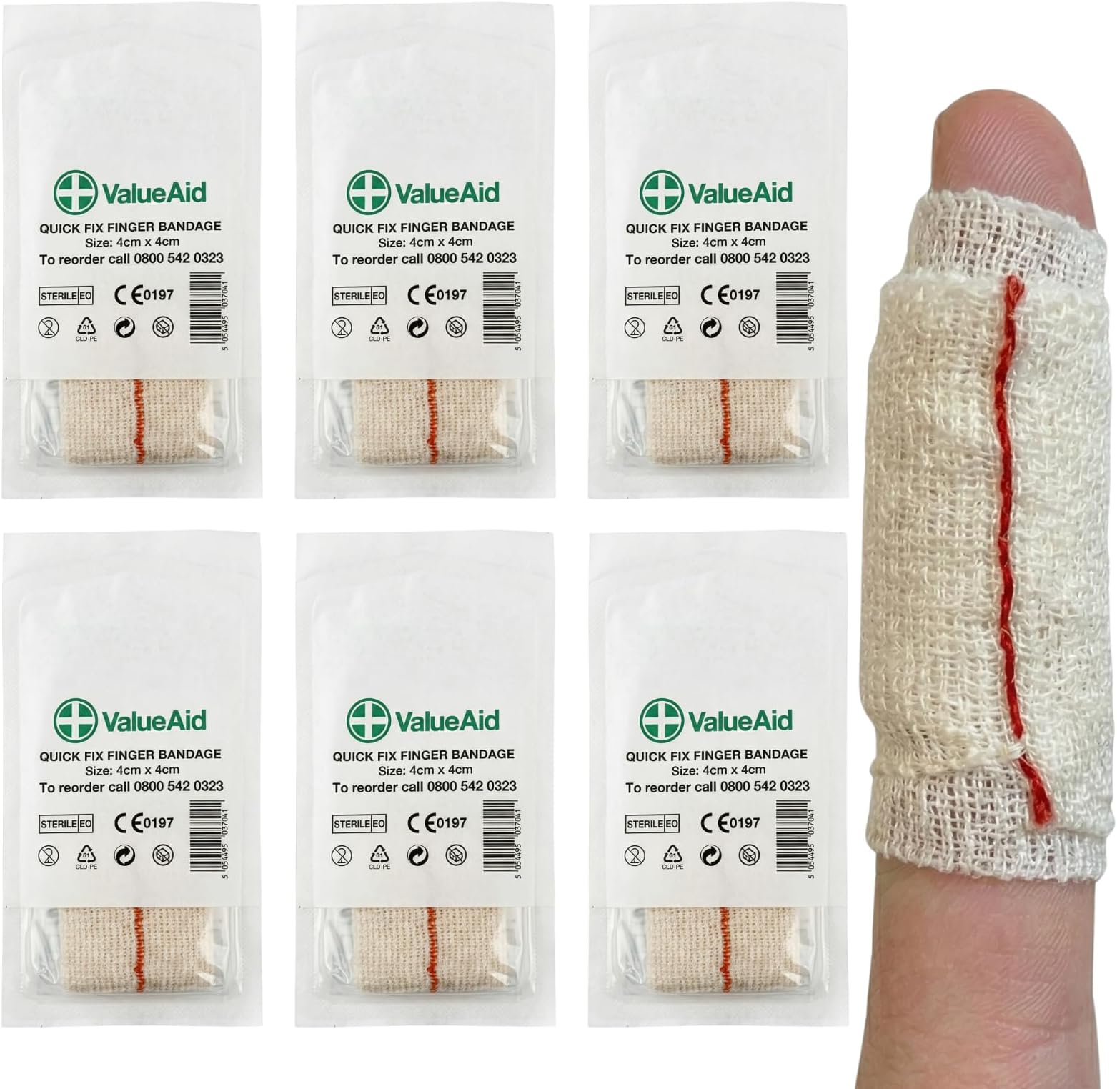 Value Aid 6 x Quick Fix Finger Bandage 4cm x 4cm Sterile Finger Dressing - Latex Free Stretch Gauze Finger Bandages with Pad - First Aid Supplies