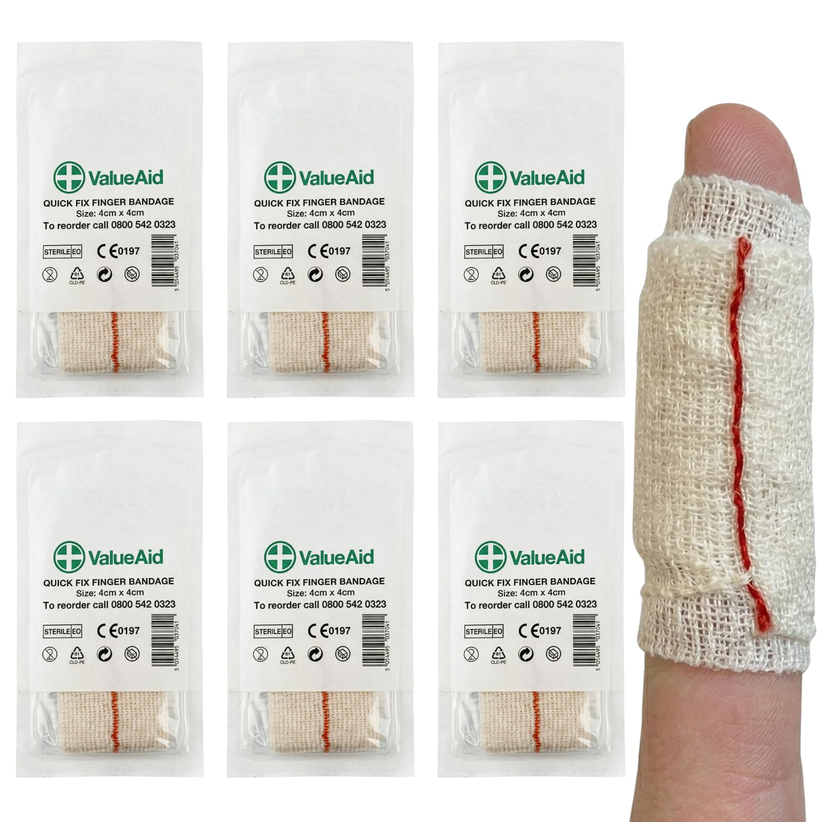 Value Aid 6 x Quick Fix Finger Bandage 4cm x 4cm Sterile Finger Dressing - Latex Free Stretch Gauze Finger Bandages with Pad - First Aid Supplies