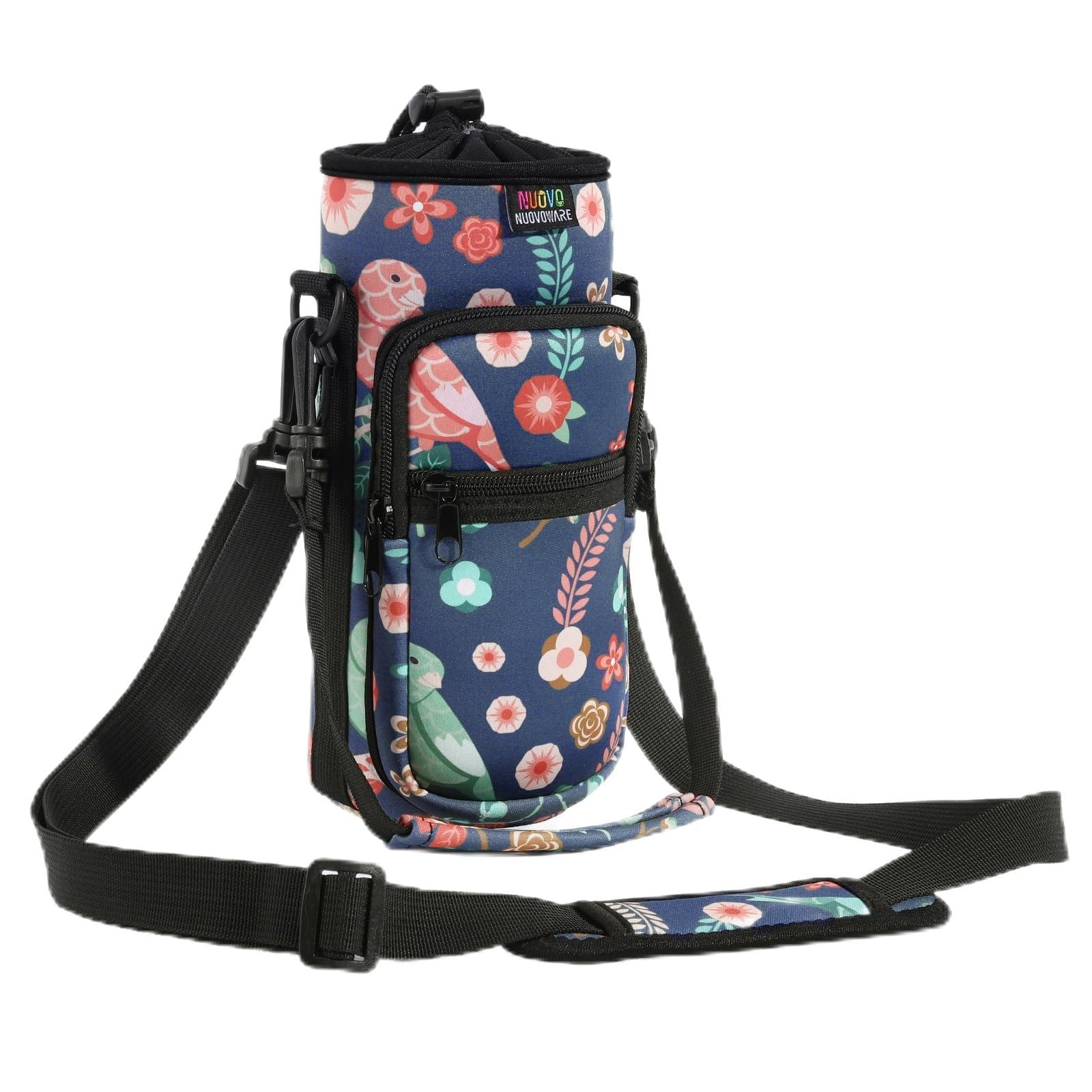 Nuovoware Water Bottle Carrier Bag, 750ml Bottle Pouch Holder, Adjustable Shoulder Hand Strap 2 Pocket Sling Neoprene Sleeve Sports Accessories for Hiking Travelling Camping, Green Bird+Blossoms โ image 1