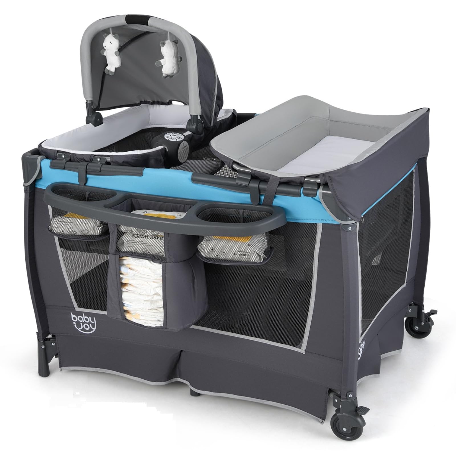 BABY JOY 5 in 1 Pack and Play, Portable Nursery Center Baby Playard w/Bassinet & Diaper Changing Table, Infant Bassinet Activity Center with Toys,