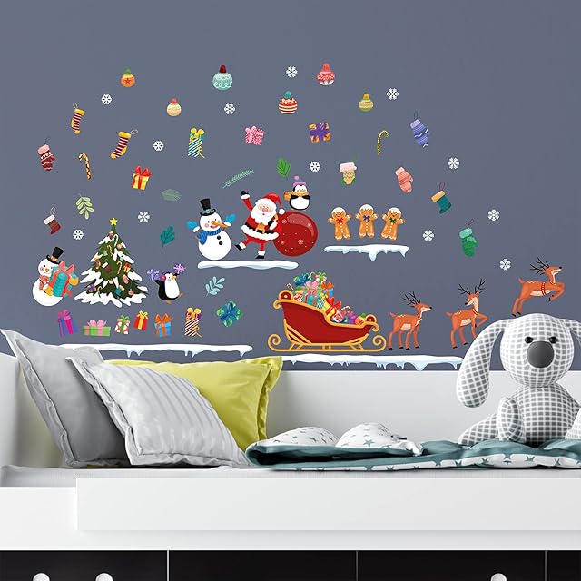 WALPLUS Christmas Decorations Wall Stickers Christmas Day Colourful Cartoon Stickers Set Wall Art Window Display Clings Decals Living Room Sale Clearance PVC Decals for Glass Xmas Winter