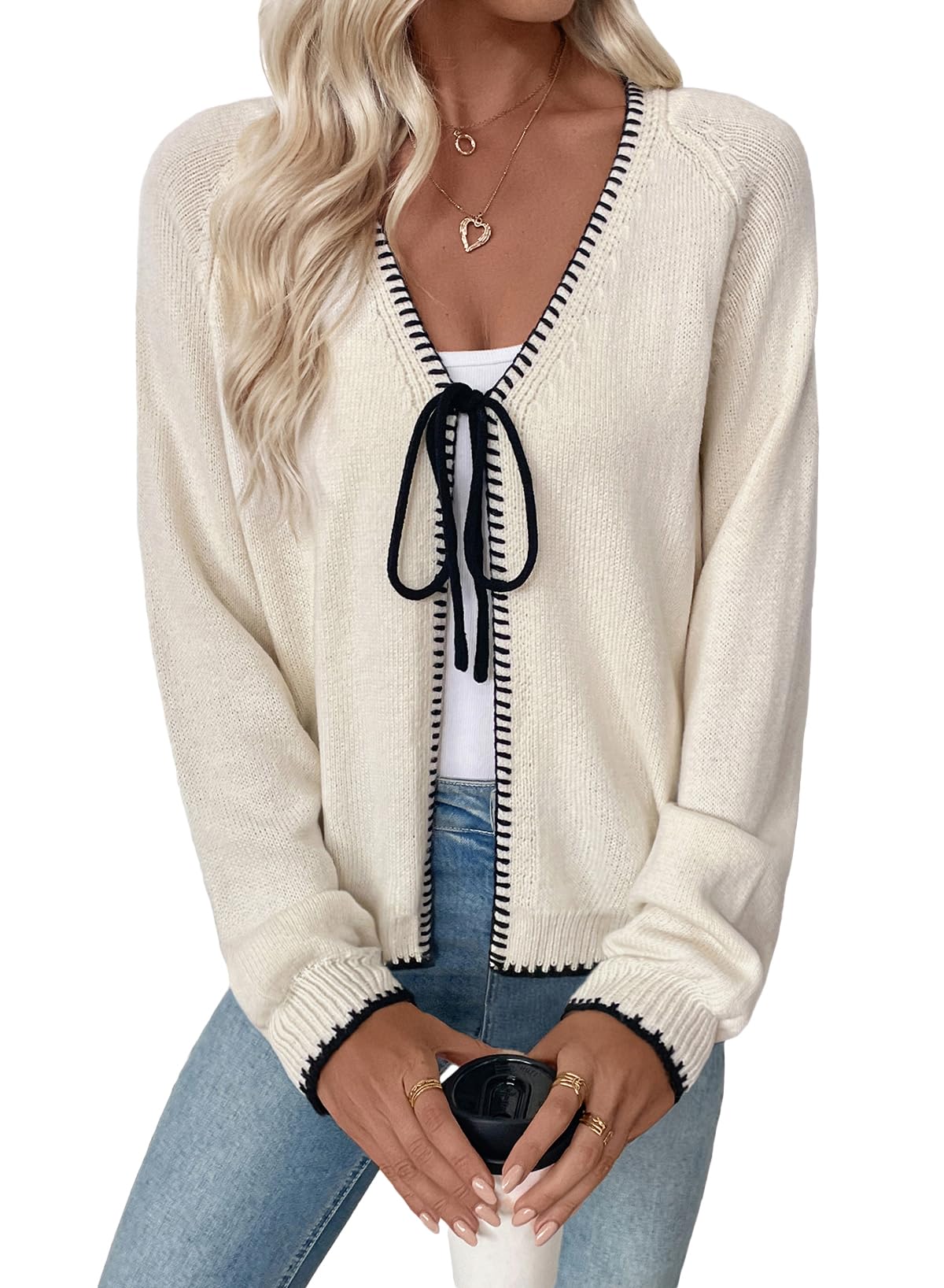 EVALESS Womens Cardigan Sweaters Trendy V Neck Long Sleeve Open Front Bow Tie Knit Chunky Lightweight Fall Outerwear