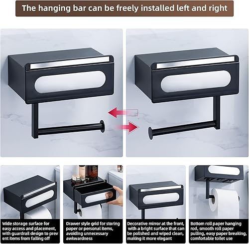 Miniatura 3 de Soporte de papel higiénico autoadhesivo negro mate, material ABS de alta calidad, soporte de papel higiénico de montaje en pared con estante y caja