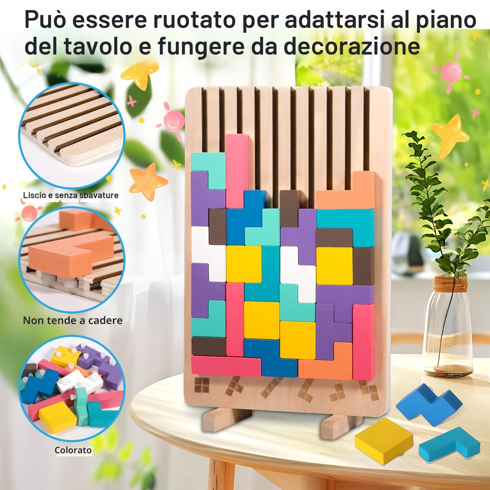 ZLPBAO Tetris Gioco per Bambini con 10 Carte e Borsa, Puzzle 3D di Legno Tetris Giochi montessori 3 anni, Intelligenza Jigsaw Rompicapo, Regali per Bambini di 3, 4, 5, 6 Anni
