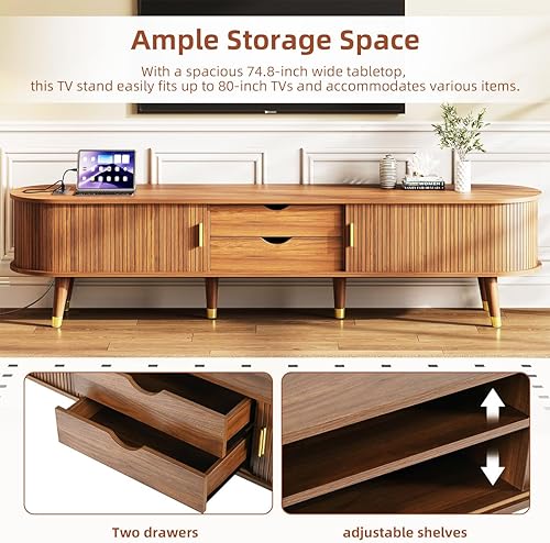 Miniatura 23 de Soporte de TV de 70 pulgadas con toma de corriente para sala de estar, consola multimedia con estación de carga, consola de TV con puerta corrediza