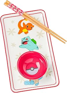 Silver Buffalo Pokemon Original Starters Featuring Charmander, Bulbasaur, Squirtle, and Pikachu Pokeball Ceramic Sushi Set with Dipping Sauce Dish and Matching Chopsticks