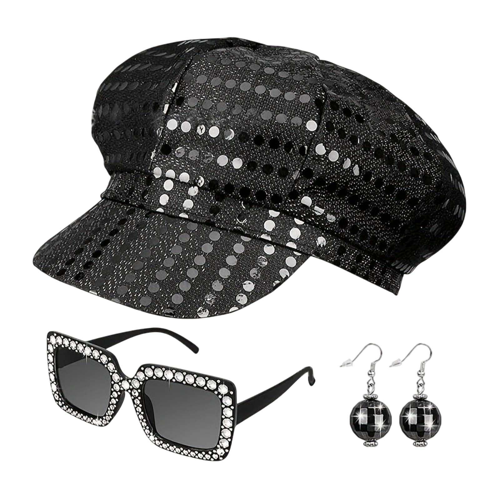 GWAWG 3pcs Sequin Hat Blue Disco Hat with Vintage Disco Sunglasses Earrings,Sequin Hat Abba Style,Blue Glitter Abba Hats Costume Accessories Kit for Adult Women Theme Party Birthday (Black)