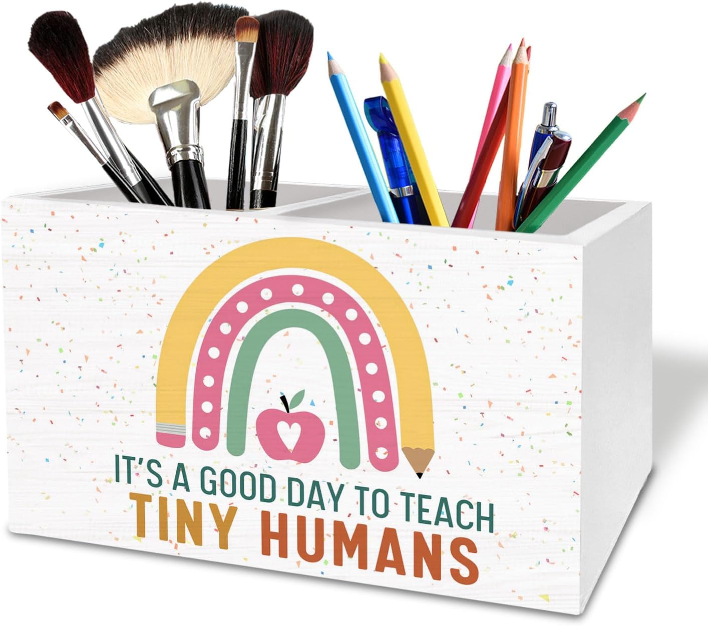 Boho Rainbow Teacher Pen Holder for Desk, It's a Good Day to Teach Tiny Humans Wooden Box Sign Desk Decor for School Office Classroom Decoration, Teacher Appreciation Gifts Pencil Organizer