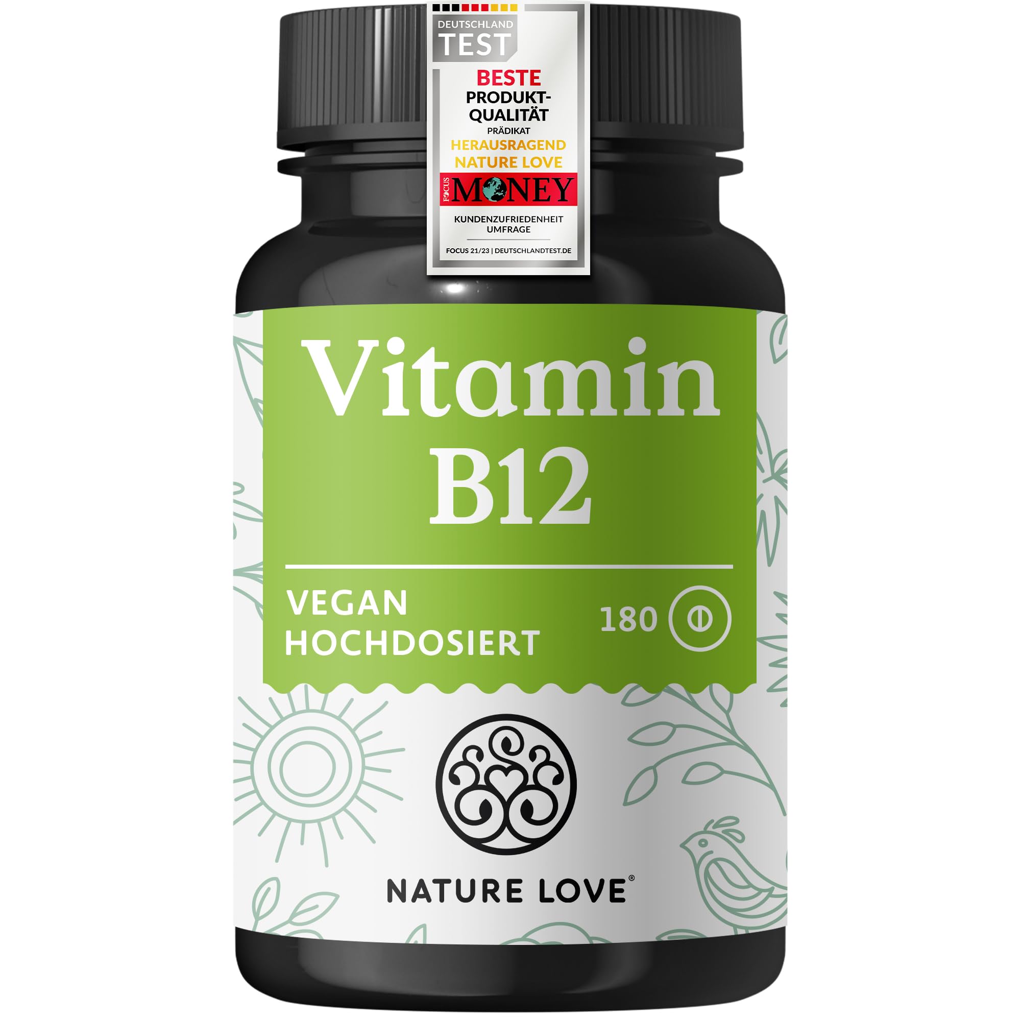 Nature Love Vitamin B12-180 Tabletten - 500 µg pro Tablette - Beide aktiven Formen (Adenosyl- & Methylcobalamin) & Depotform - Ohne synthetische Zusätze, hochdosiert, vegan, laborgeprüft