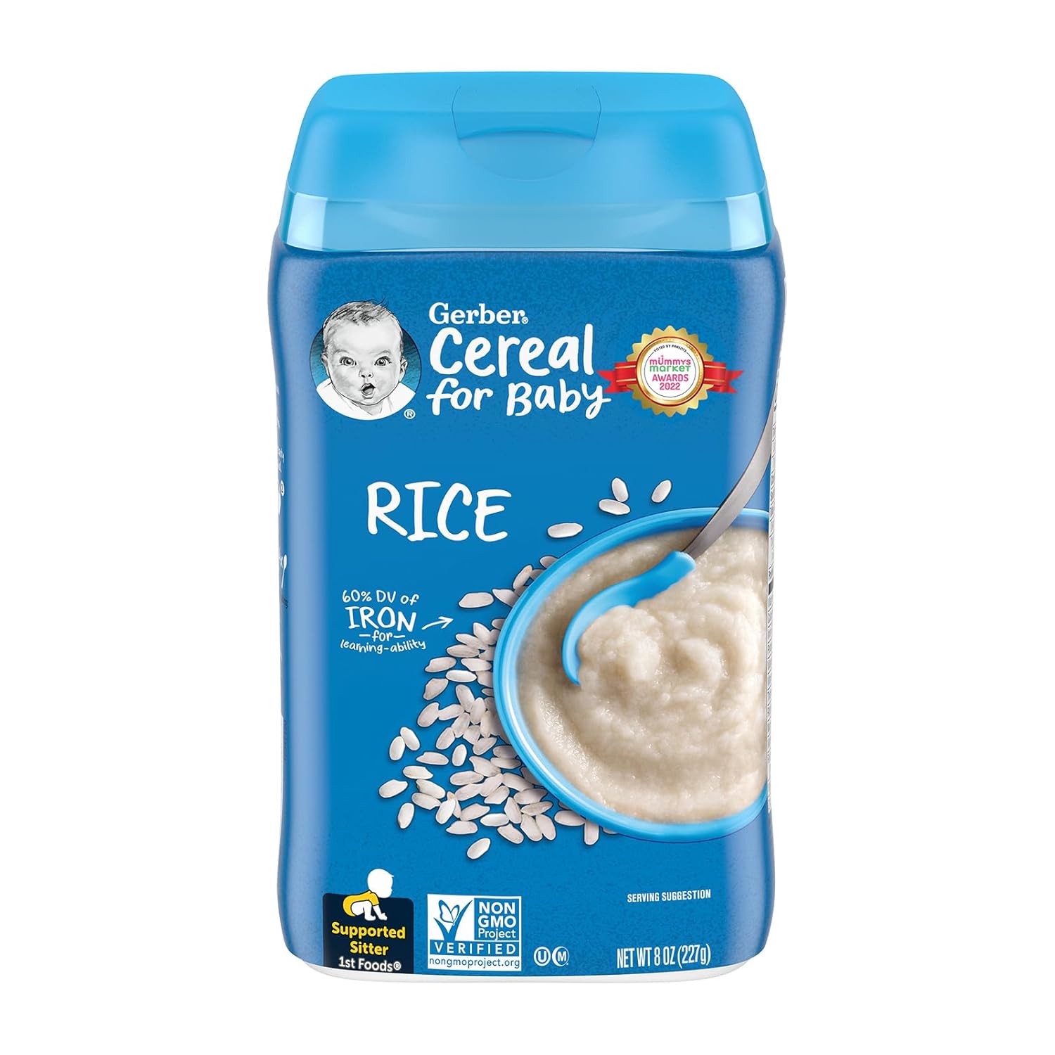Gerber Rice Baby Cereal 8oz - Iron-Rich Single Grain First Food for Supported Sitters, Non-GMO