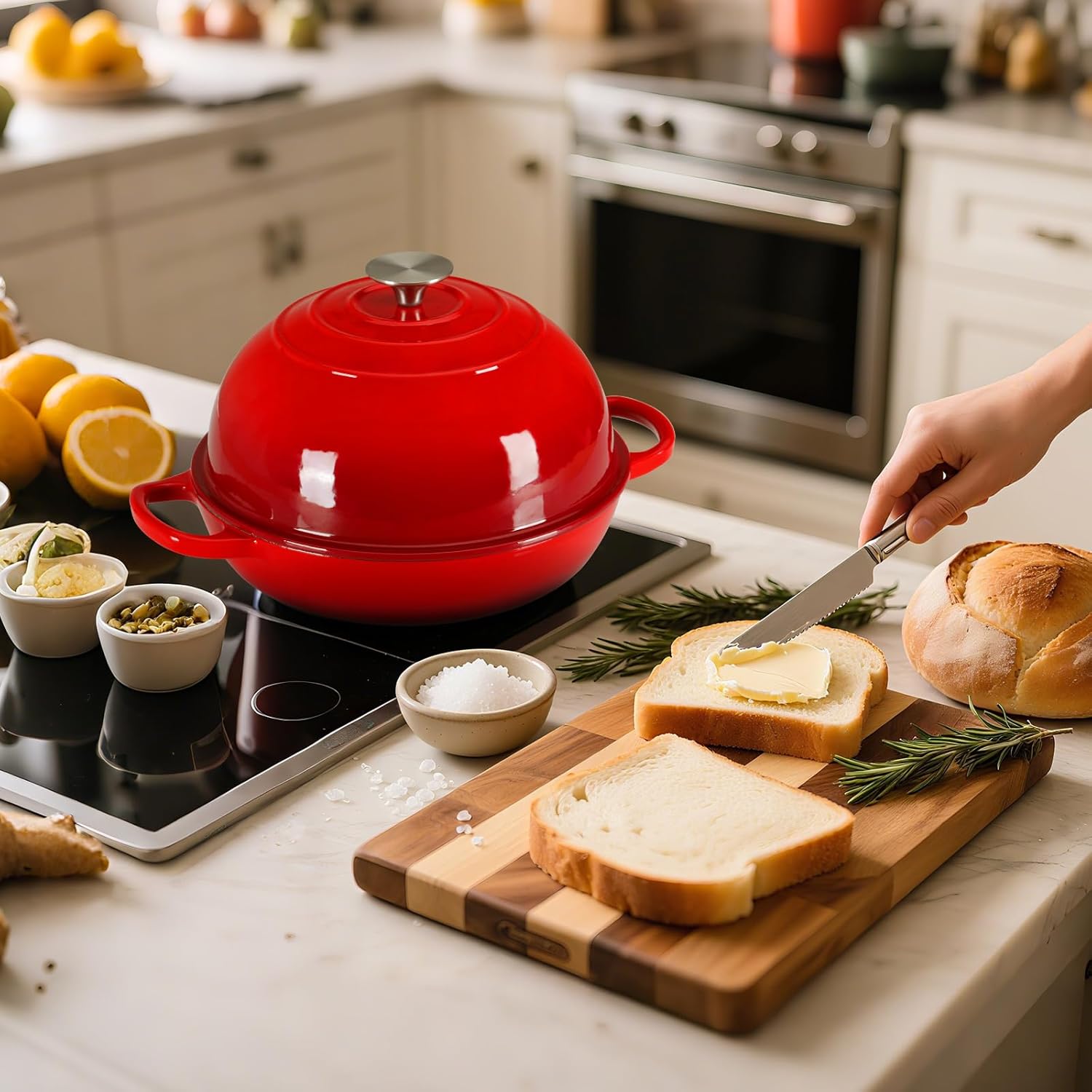 LIFERUN 2x6qt Enameled Cast Iron Dutch Oven for Bread Baking, Non-Stick Dome-Shaped Bread Oven Pot with Lid, Red and Blue
