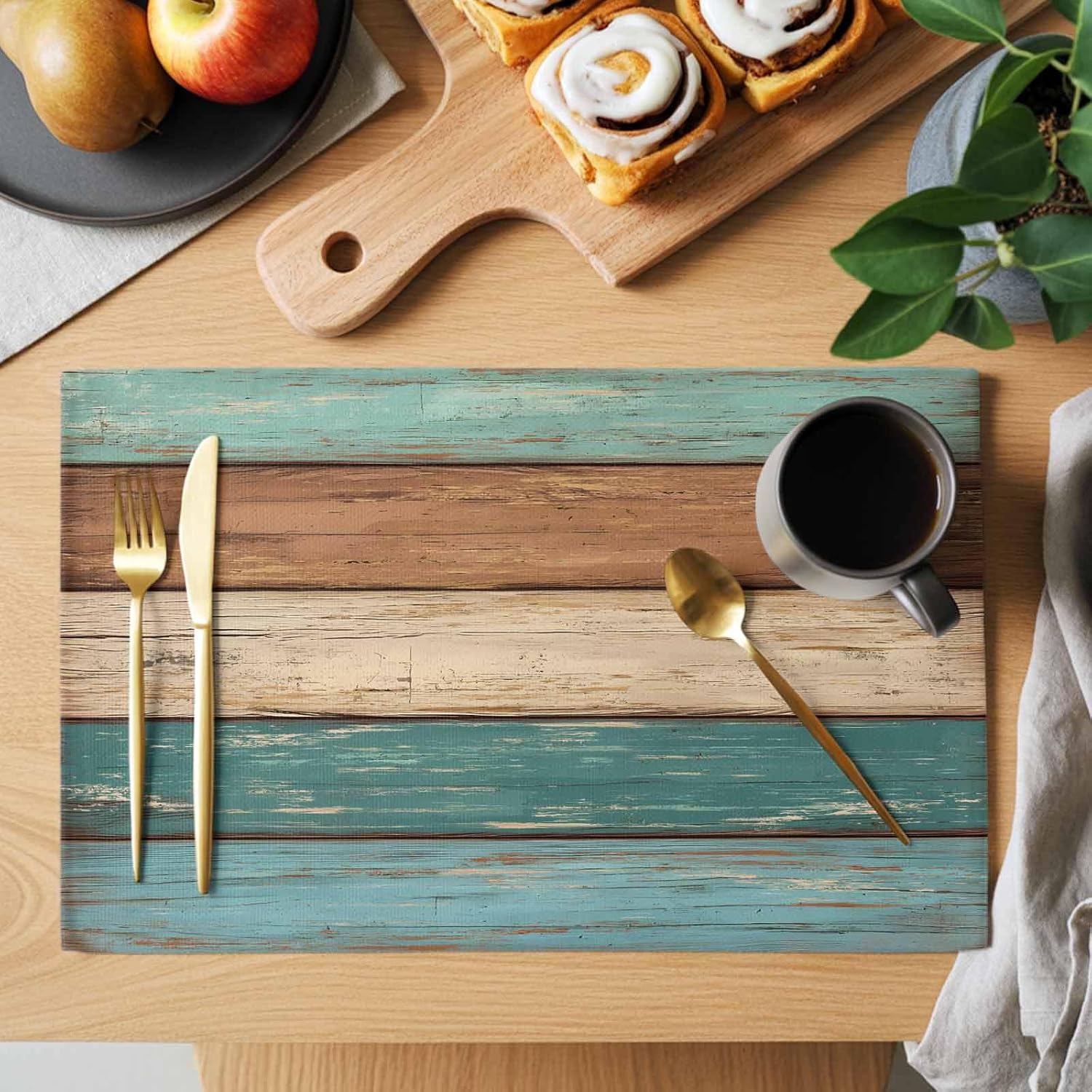 Teal Placemat For Dinning Table,Placemats Set Of 4-Cotton Linen Waterproof Cloth Table Mat-Easy Clean Place Mat,Machine Washable Fabric,Rustic Farmhouse Holiday Kitchen Modern Outdoor Dinner Decor