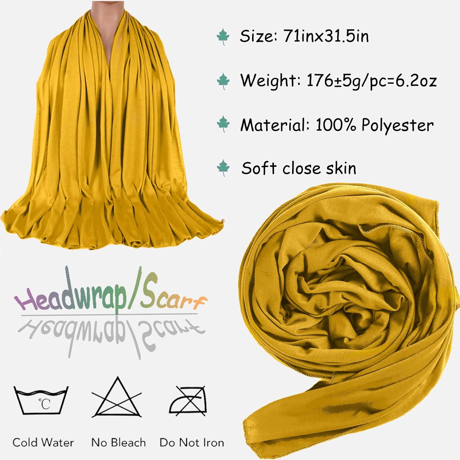 ZRQ 5 Pieces Solid Color Multicolor Combination Stretch Hijab Extra Long Head Scarf Jersey Turban Fashion Headband Soft Head Wraps for Women (Black,Denim Blue,Orange,Army Green,Turmeric) - Image 2