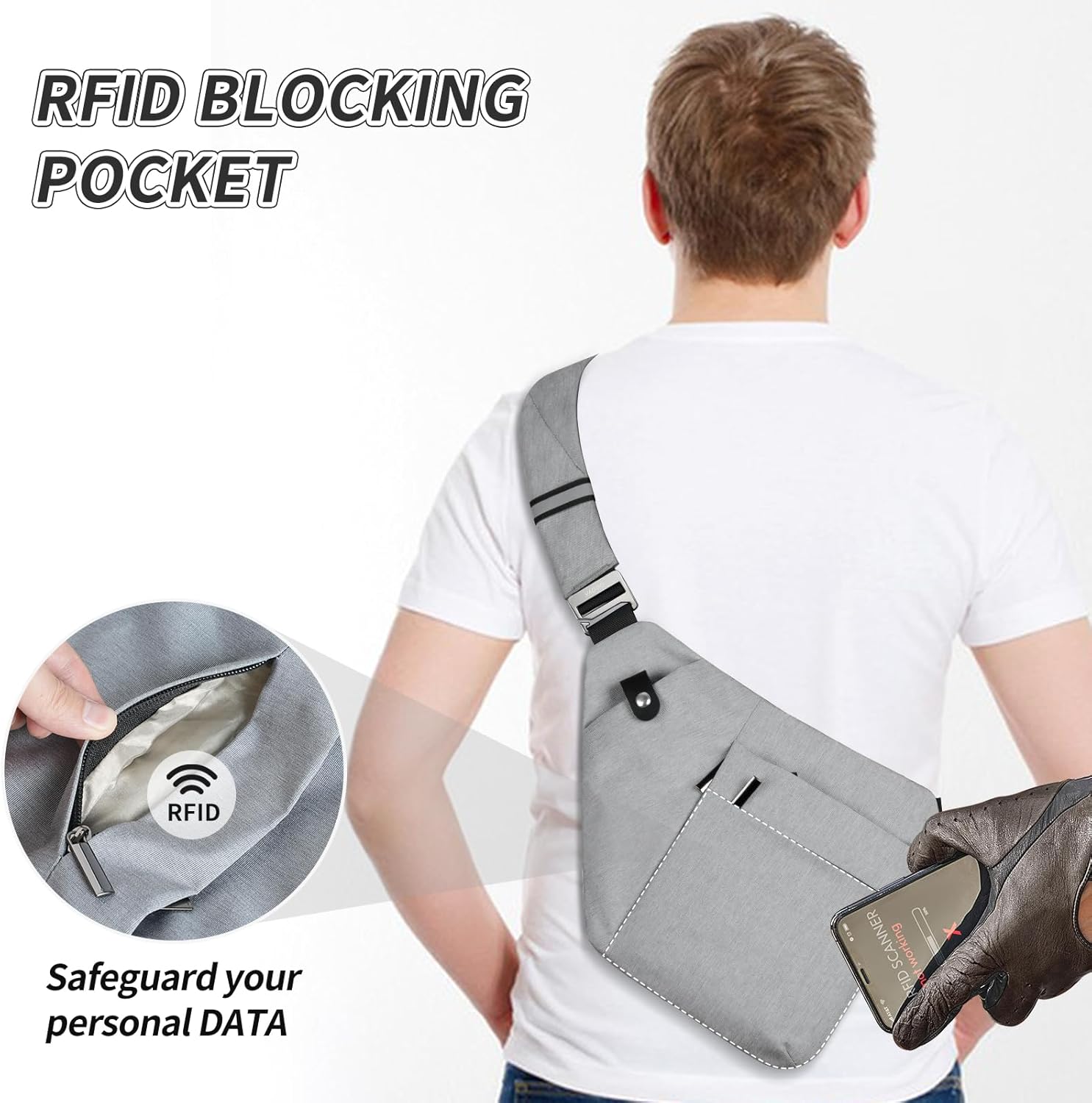 VADOO Anti-theft Crossbody Bags for Women, RFID Blocking Pocket Sling Bag for Men Lightweight Shoulder Chest for Travel Sport, Gray 2.0 - Image 3