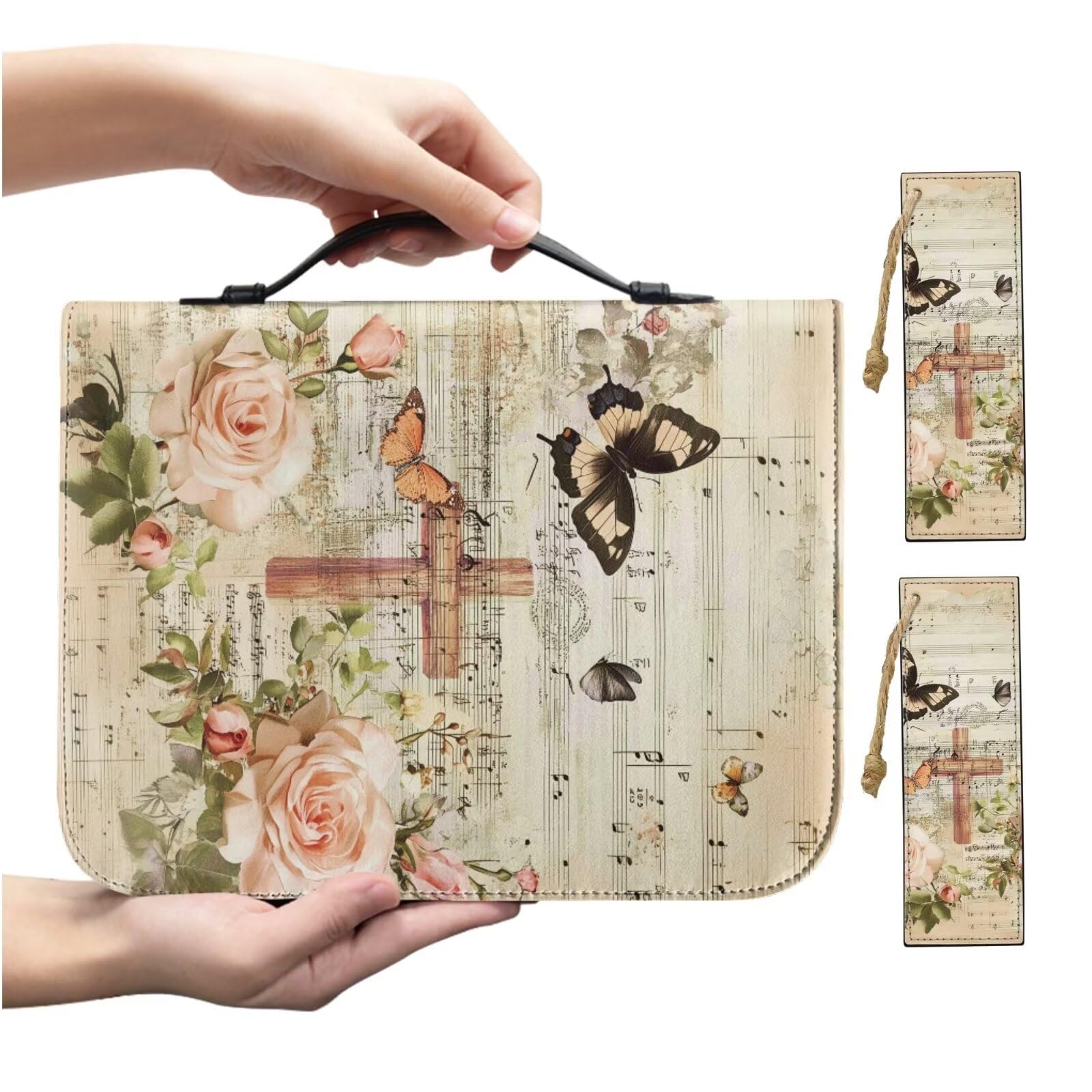 Funda de piel sintética con estampado de cruz de mariposa y rosa retro, bolsa para la Biblia con 2 marcapáginas y bolsillos con cremallera, funda de transporte para libros para estudio de