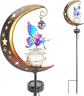 HEDAQI Solar Garden Light Moon Fairy Stake Lights Crackle Glass Globe with Color Angel Decor, Outdoor LED Pathway Lights Waterproof for Walkway, Yard, Lawn, Patio or Courtyard(Warm Light)