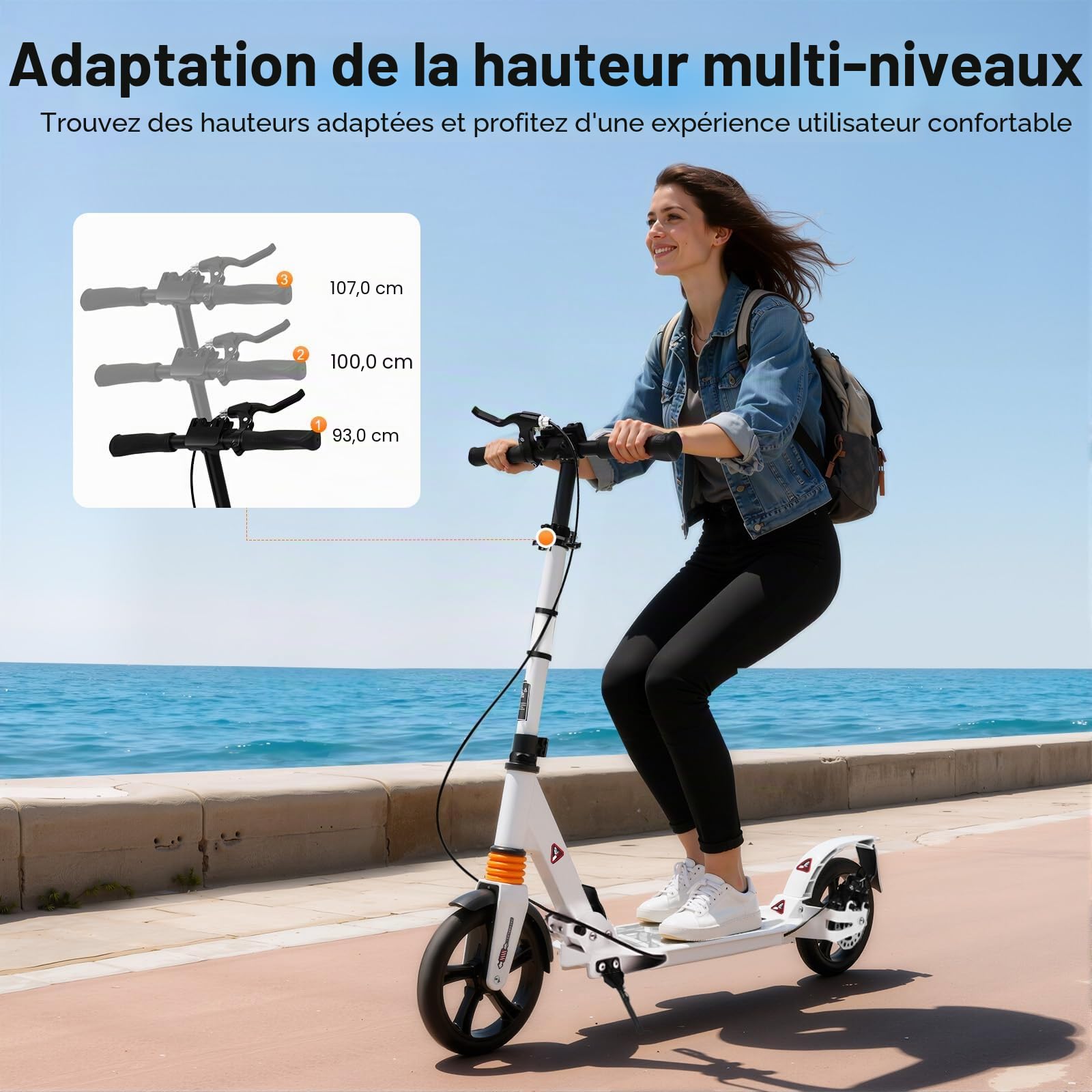 Trottinette professionnelle pliable pour adulte avec frein à main, max. 120 kg, avec frein, réglable en hauteur