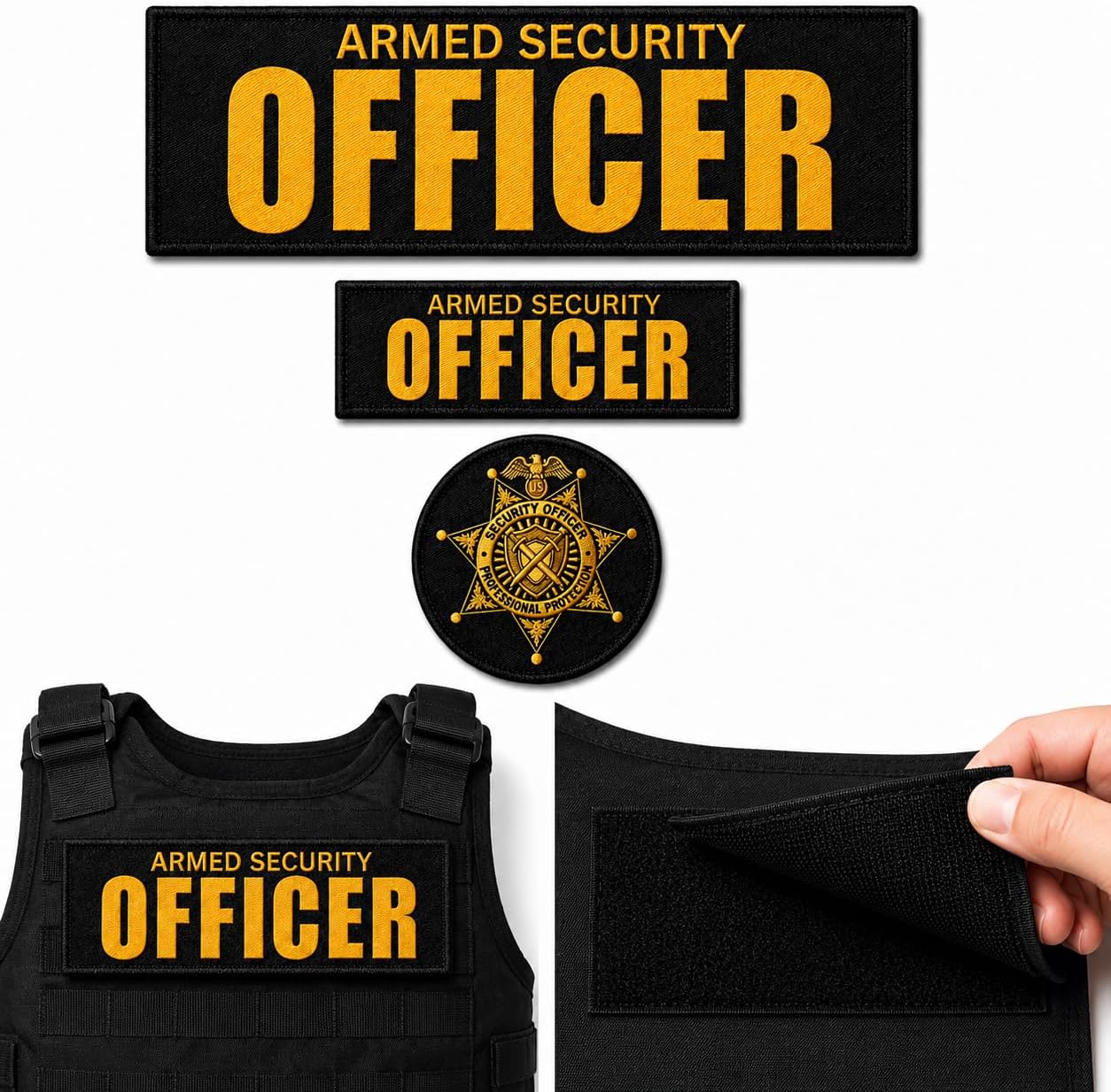 Armed Security Officer Hook and Loop Patch Set for Vest with Badge, 3 Piece, 10x3 Inch, 5x1.5 Inch, and 3 Inch