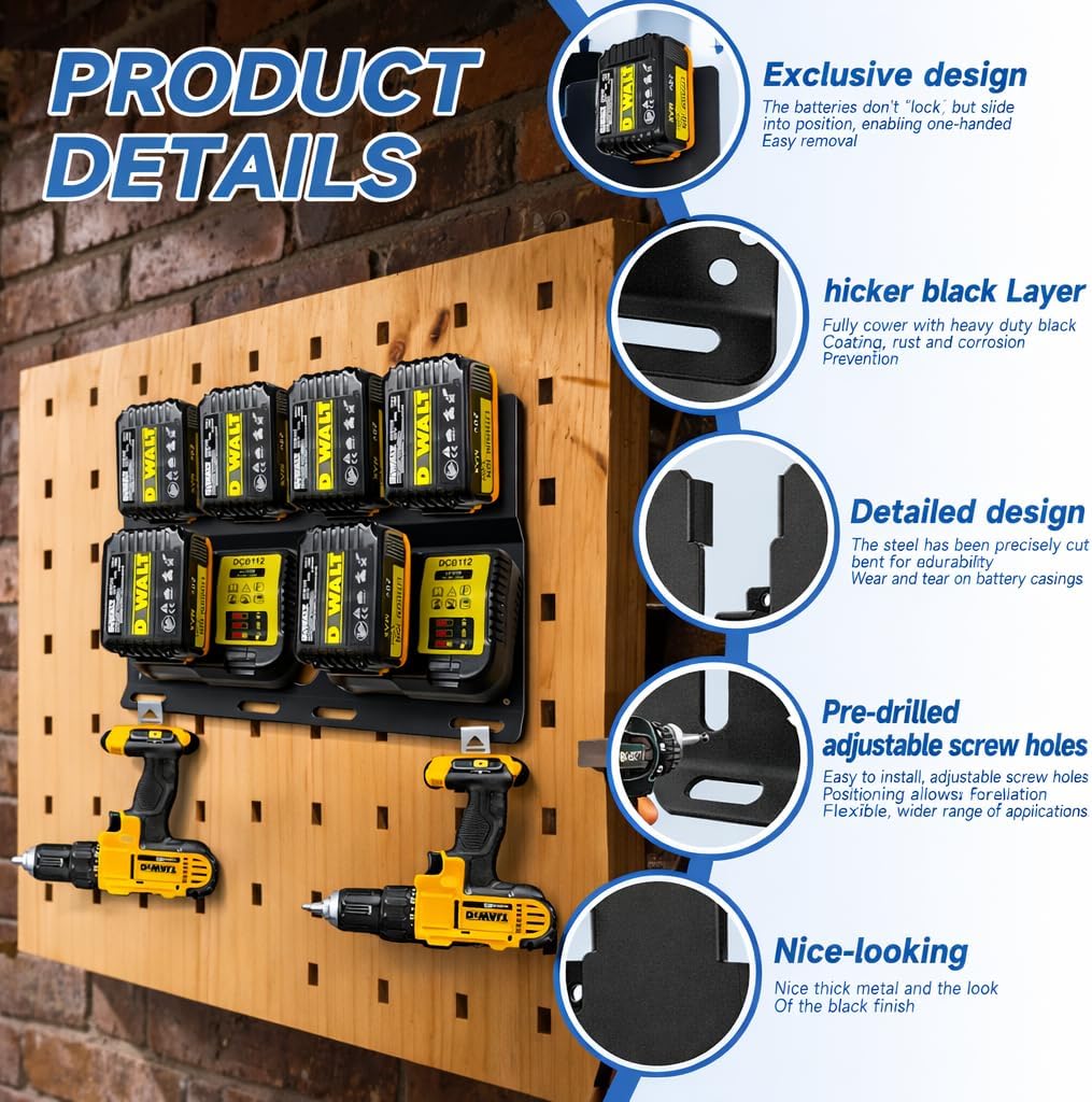 3-in-1 Battery Charger Wall Mount Holder for Dewalt 4 x 20V or 18V Battery and 2 x DCB112 or DCB115 Charger, Battery Charger Hanger/Storage/Rack/Organizer for Garage/Utility Cart/Van