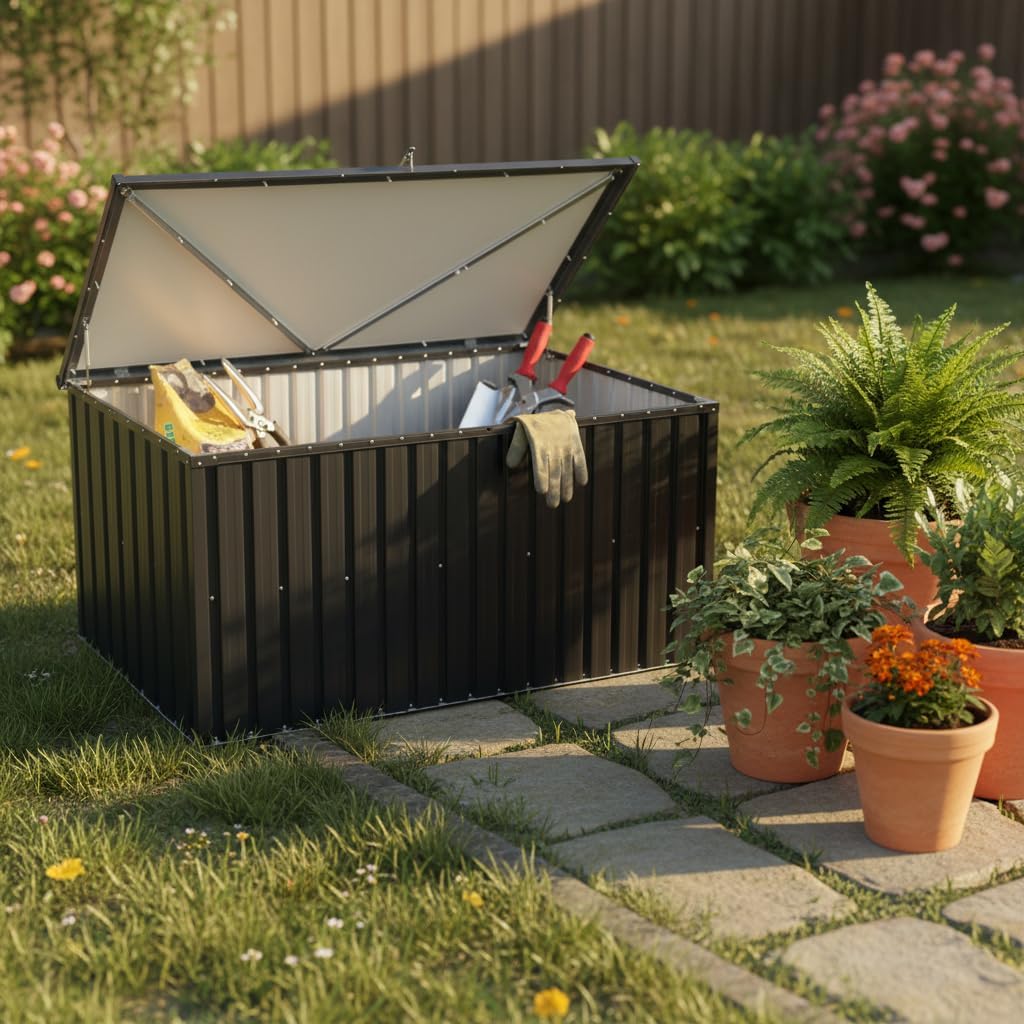 215 Gallon Outdoor Storage Box, Metal Deck Box with Waterproof UV-Resistant and Hydraulic Rod Design for Poolside, Patio, Backyard (Medium)