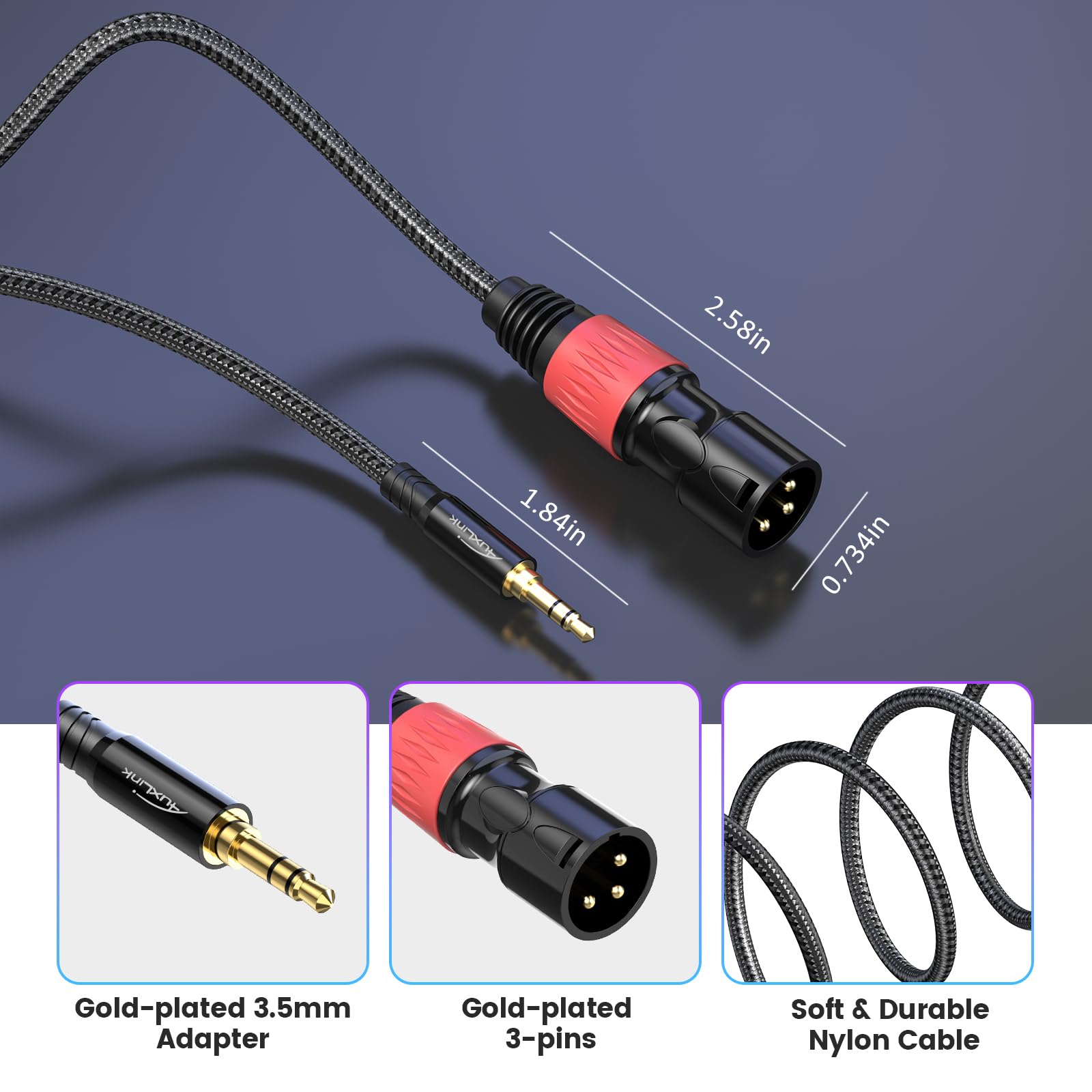 XLR auf 3,5 mm Kabel, 1,8 m, symmetrisches 0,3 cm TRS-auf-XLR-Kabel, vergoldet, 3-poliges Nylon, geflochten, für Handy, Laptop, Lautsprecher, Mischpult, 2 Stück