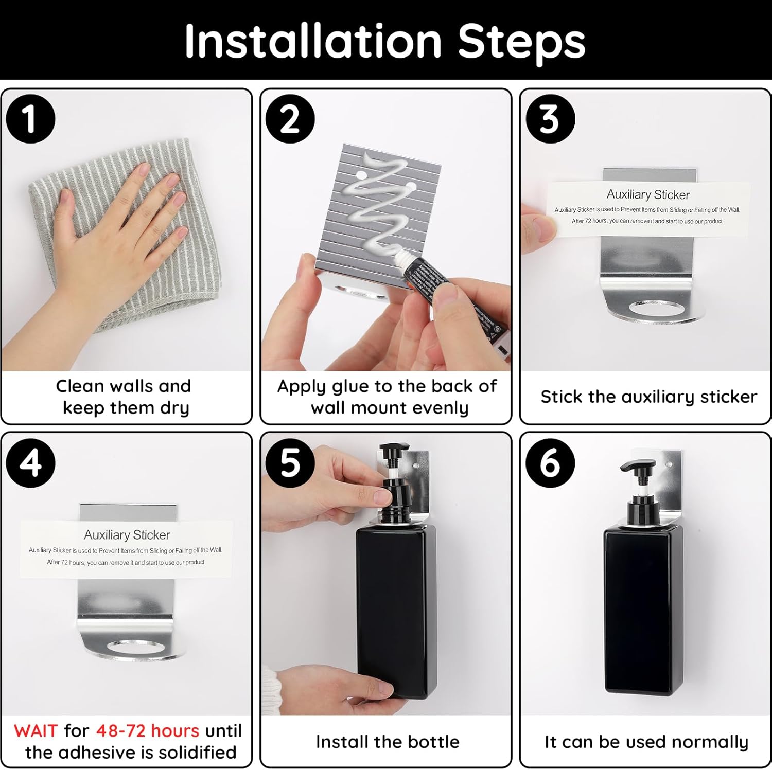 Segbeauty Soap Dispenser Wall Mounted, 3pcs 16.9oz Drill Free Shampoo Bottles with Waterproof Labels, Refillable Plastic Shower Dispenser Set Soap Holder Shower Accessories for Shower Wall Black