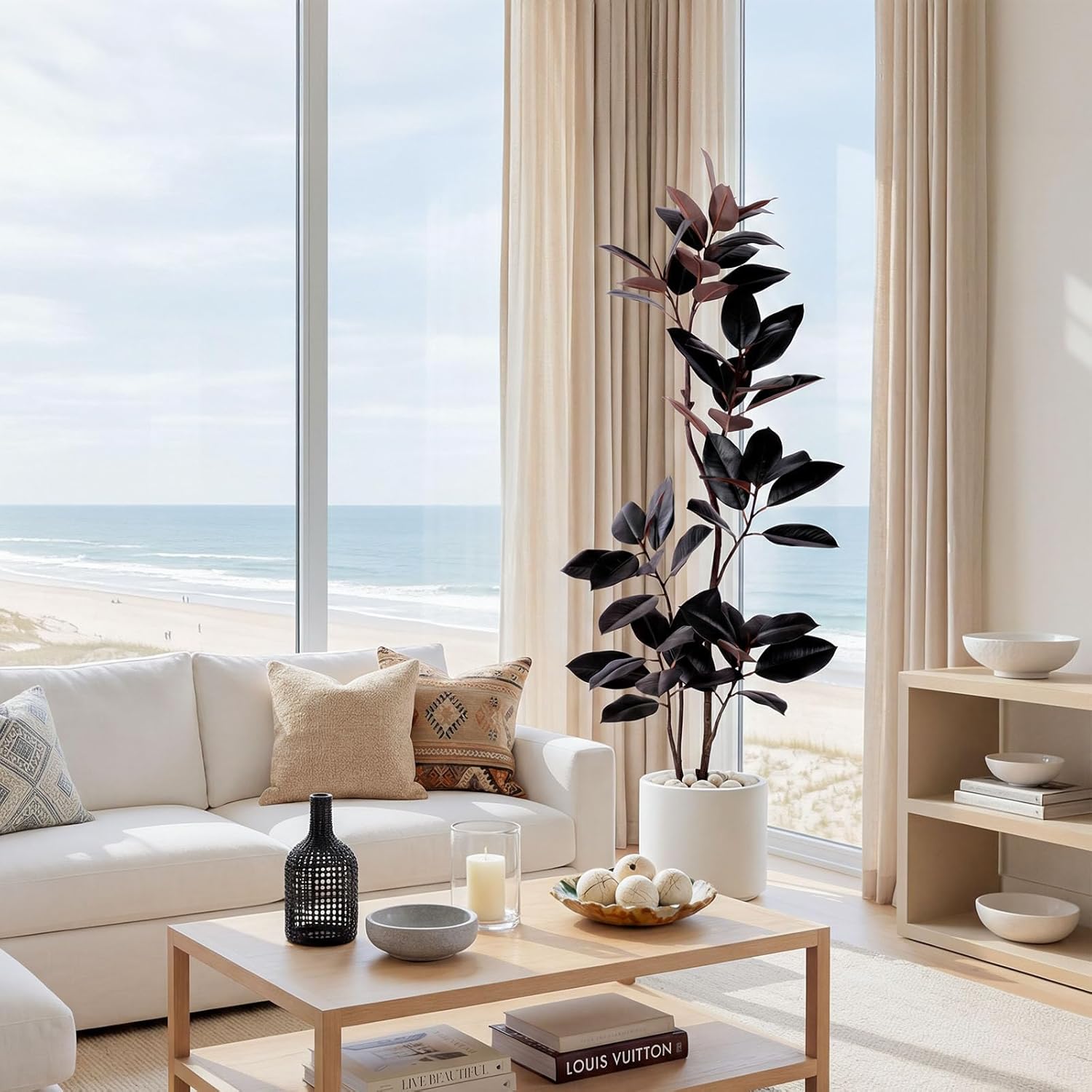 Artificial Rubber Tree 5FT Tall Faux Plants Indoor Artificial Trees Potted - Fake Tree with White Planter Large Floor Plant for Home Office Room Outdoor Decor