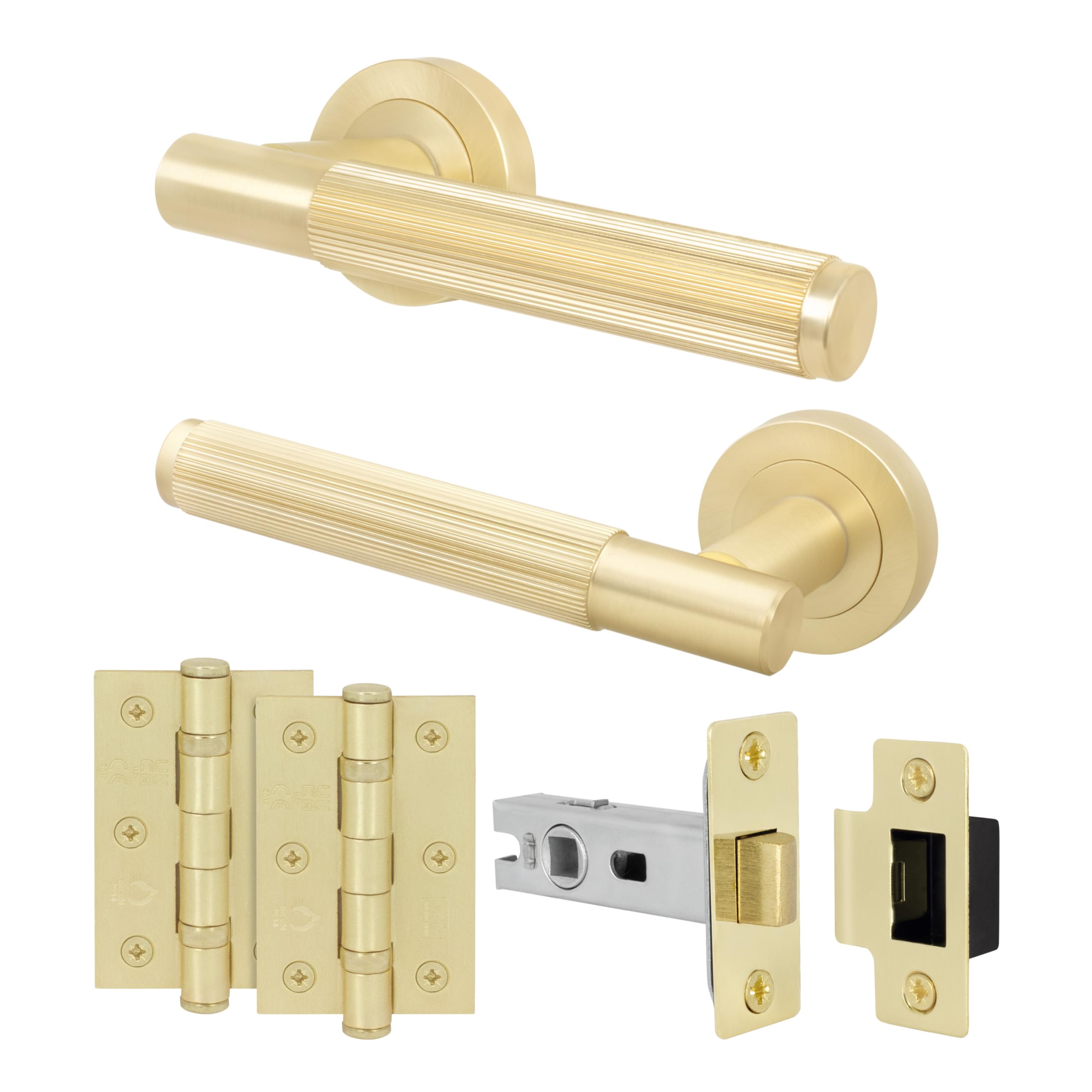 EAI Brass Door Handle Latch Set, Satin Brass Internal Door Handle with 64mm Latch and 76mm Hinges, Oruro Range 1 Pack