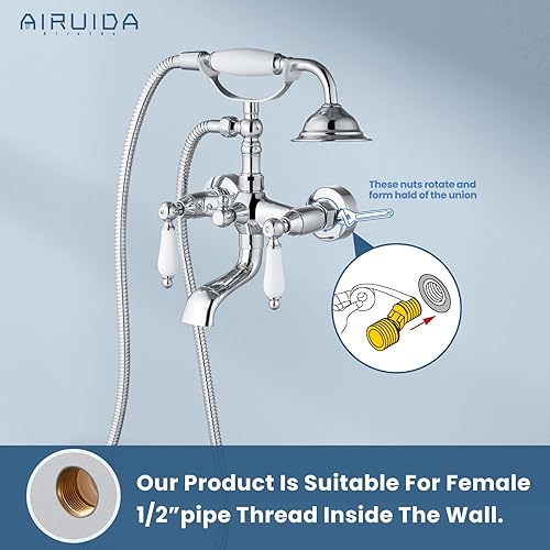 Miniatura 7 de Airuida Grifo de baño cromado pulido para bañera, mezclador, llenador, grifo de ducha de montaje en pared con pulverizador de ducha de mano en forma