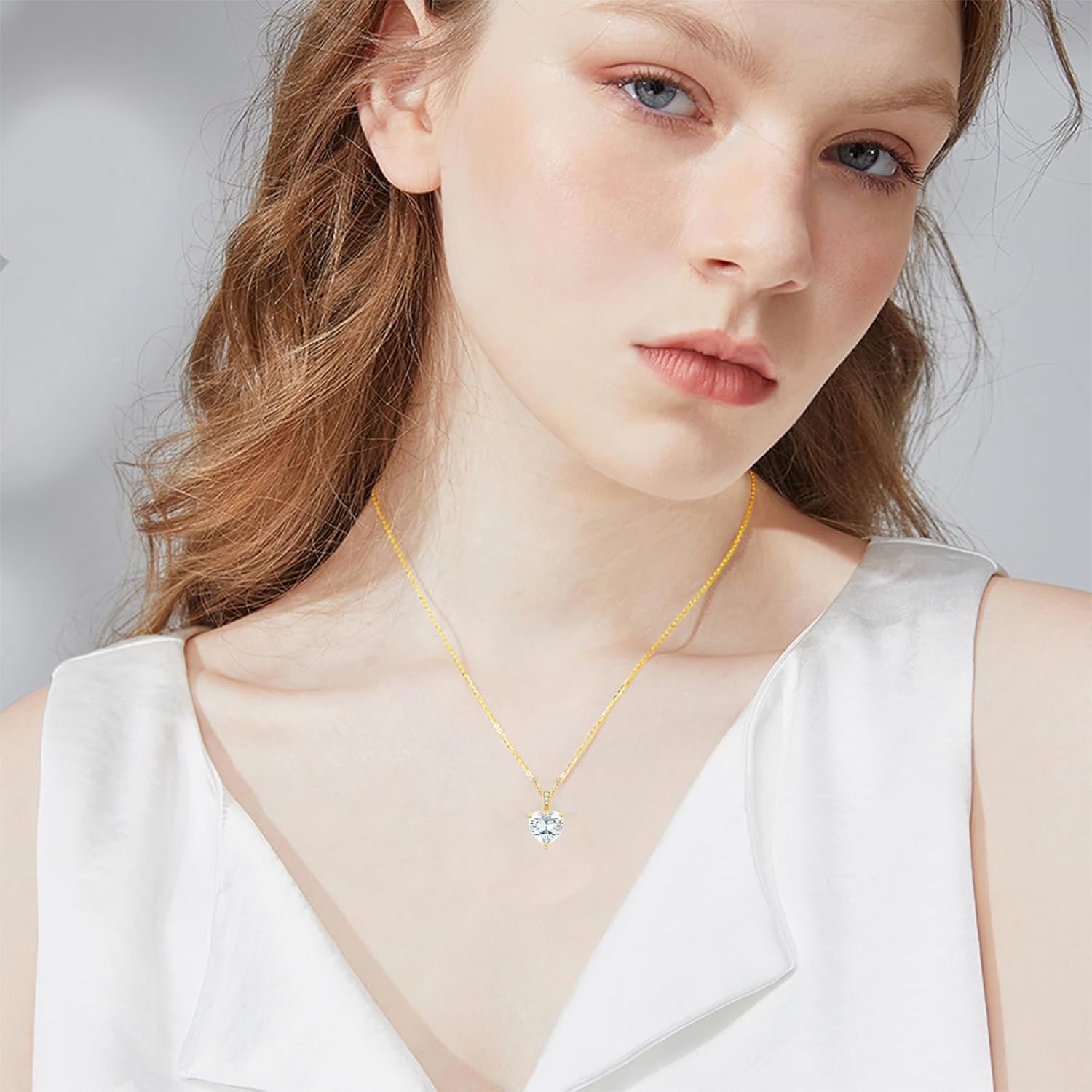 14K Solid Gold Birthstone Heart Necklace, Dainty Yellow Gold Colored Gemstone Heart Pendant Forever Love Jewelry Gift for Women, Mom, Wife 16"-18" - Image 2