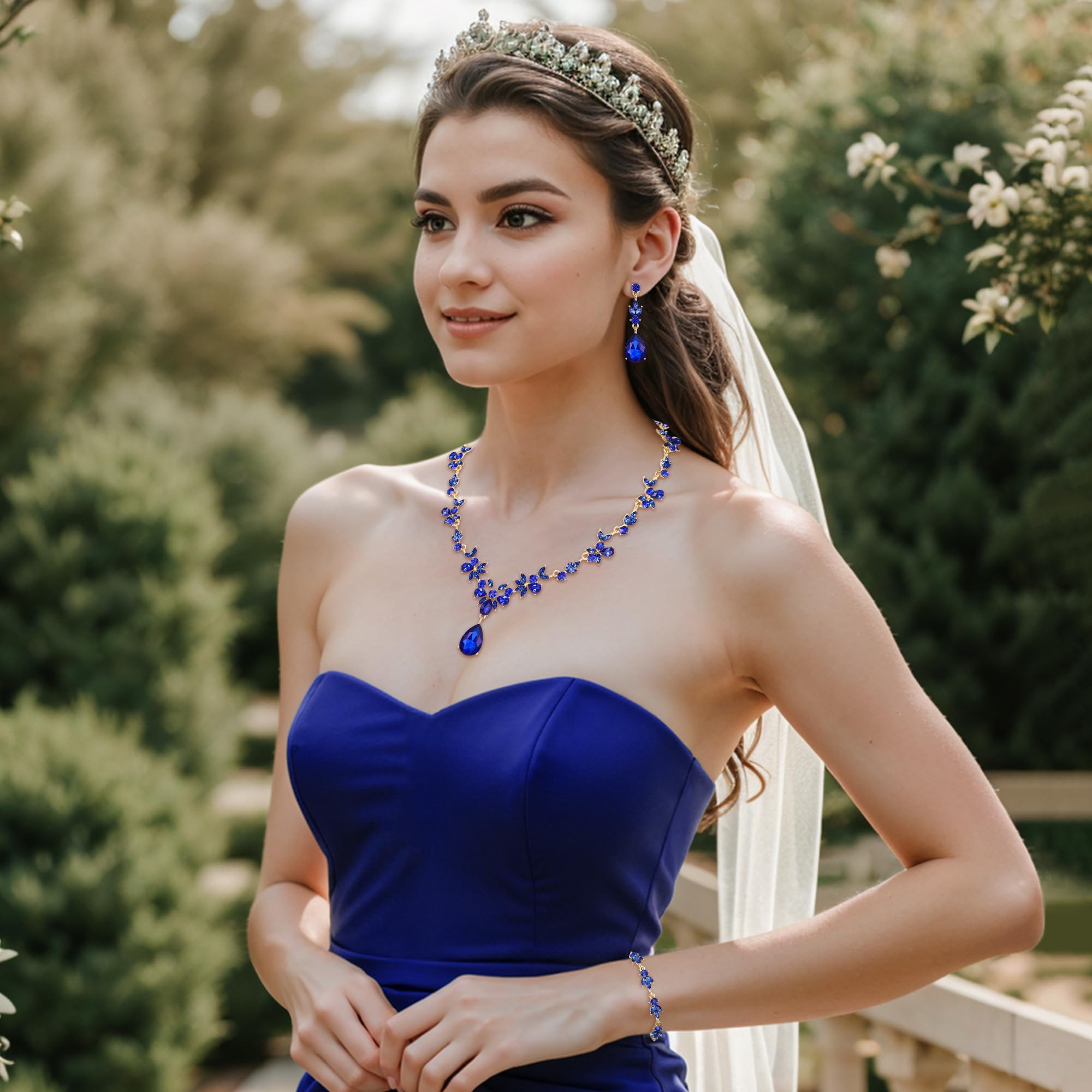 Hochzeit Schmuckset für Damen Braut Y-Halskette Tennis Armband und Ohrringe baumeln Set Kristall Teardrop Marquise Cluster Schmuck für Braut Brautjungfer