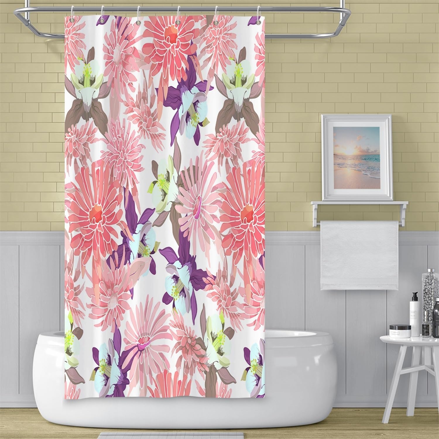 Pink Floral Shower Curtain 72x72 Inch Watercolor Chrysanthemum Purple Blossom Flowers Bath Curtain for Women Girly Bathroom Decor Fabric Polyester Waterproof Shower Curtains