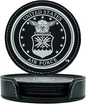 Air Force Leather Coaster Set - 4 Premium Coasters with Hot Stamped Foil USAF Logo - Air Force Gifts | USAF Leather Coasters
