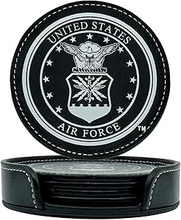 Air Force Leather Coaster Set - 4 Premium Coasters with Hot Stamped Foil USAF Logo - Air Force Gifts | USAF Leather Coasters
