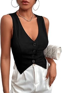 Women's Asymmetrical Hem Button Front Crop Vest Blazer V Neck Sleeveless Crop Tank Top for Women