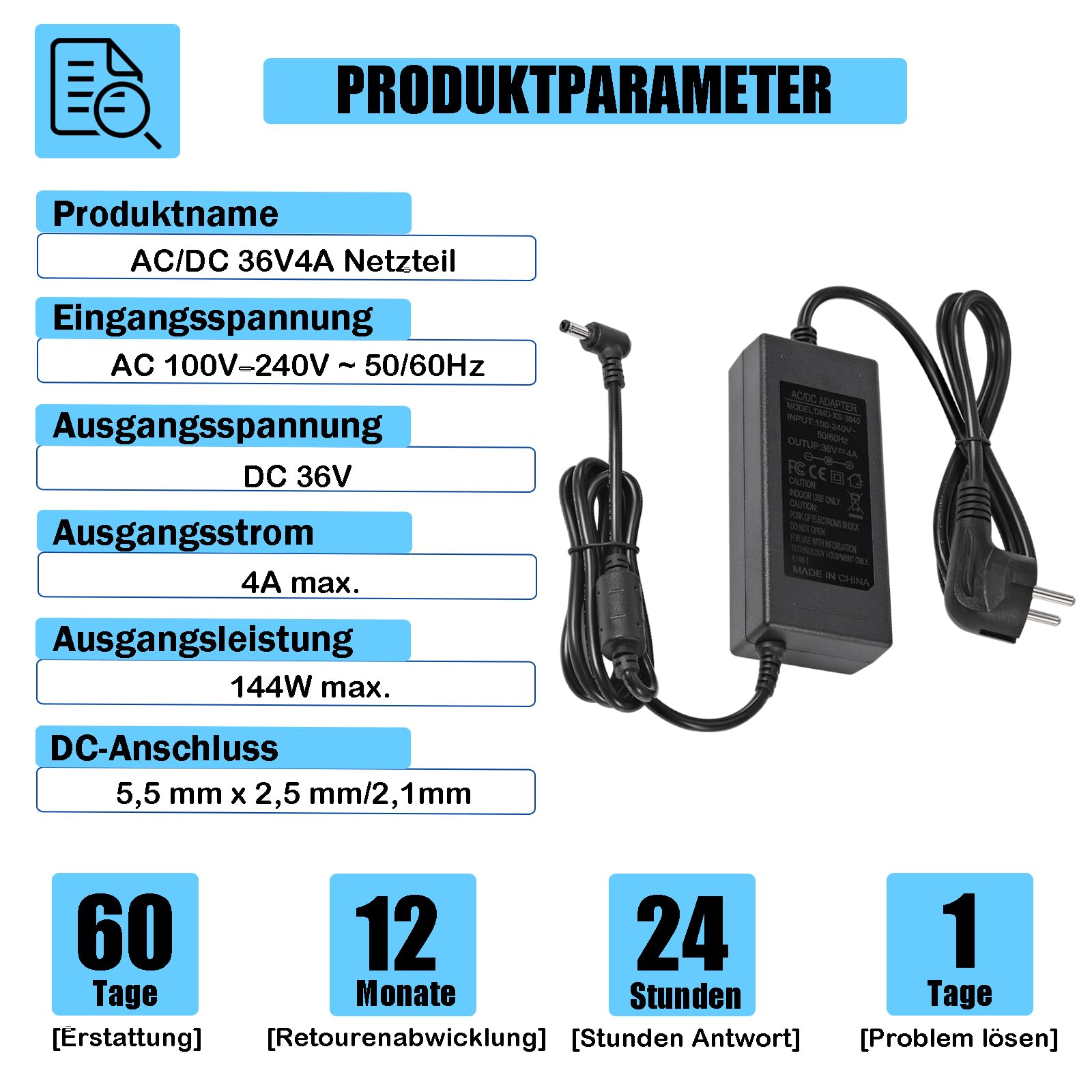 36V 4A Netzteil Adapter, AC 100V-240V to DC 36V 4A 144W Spannungswandler LED Trafo Transformator Stromversorgung 5,5mm x 2,5/2,1mm Stecker, Universal Netzadapter für LED Strip,LCD Monitor,CCTV Kameras