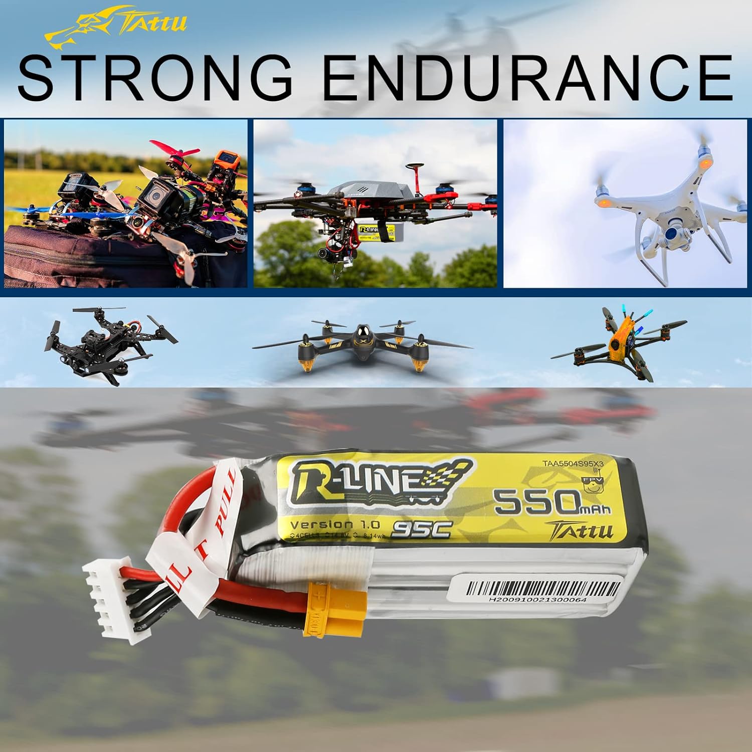 TATTU R-Line 550mAh 4S Lipo Battery Pack 14.8V 95C with XT30 Plug for FPV Racing Quadcopter from Size 100 to 180