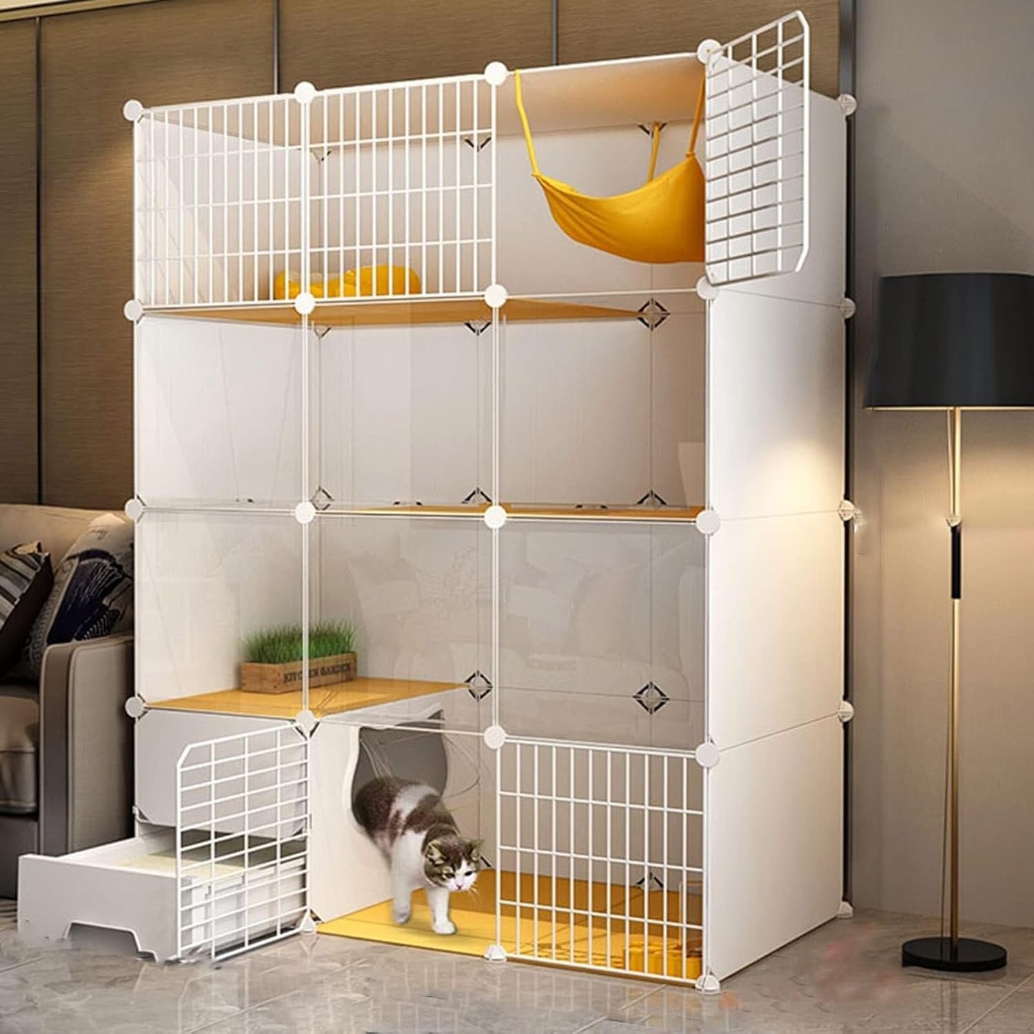 3-Tier Indoor Cat Kennel with Enclosed Litter Box, Large DIY Metal Cat Playpen for Kittens & Small Animals(C2,111 * 49 * 147cm)