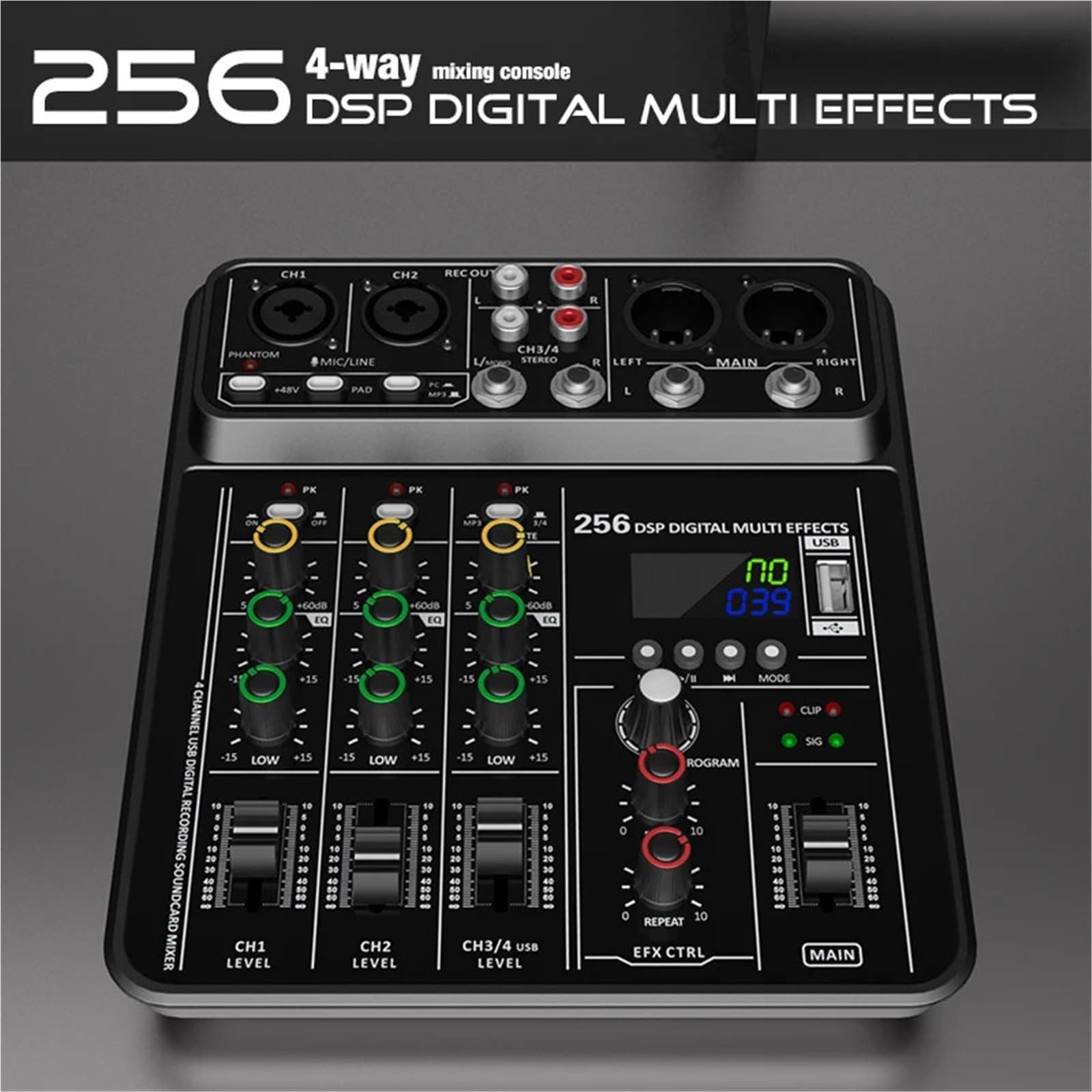 Controller DJ, Mixer DSP a 4 canali 256 canali, alimentazione Phantom a 48 V, mixer da studio USB, console DJ Bluetooth, mixaggio