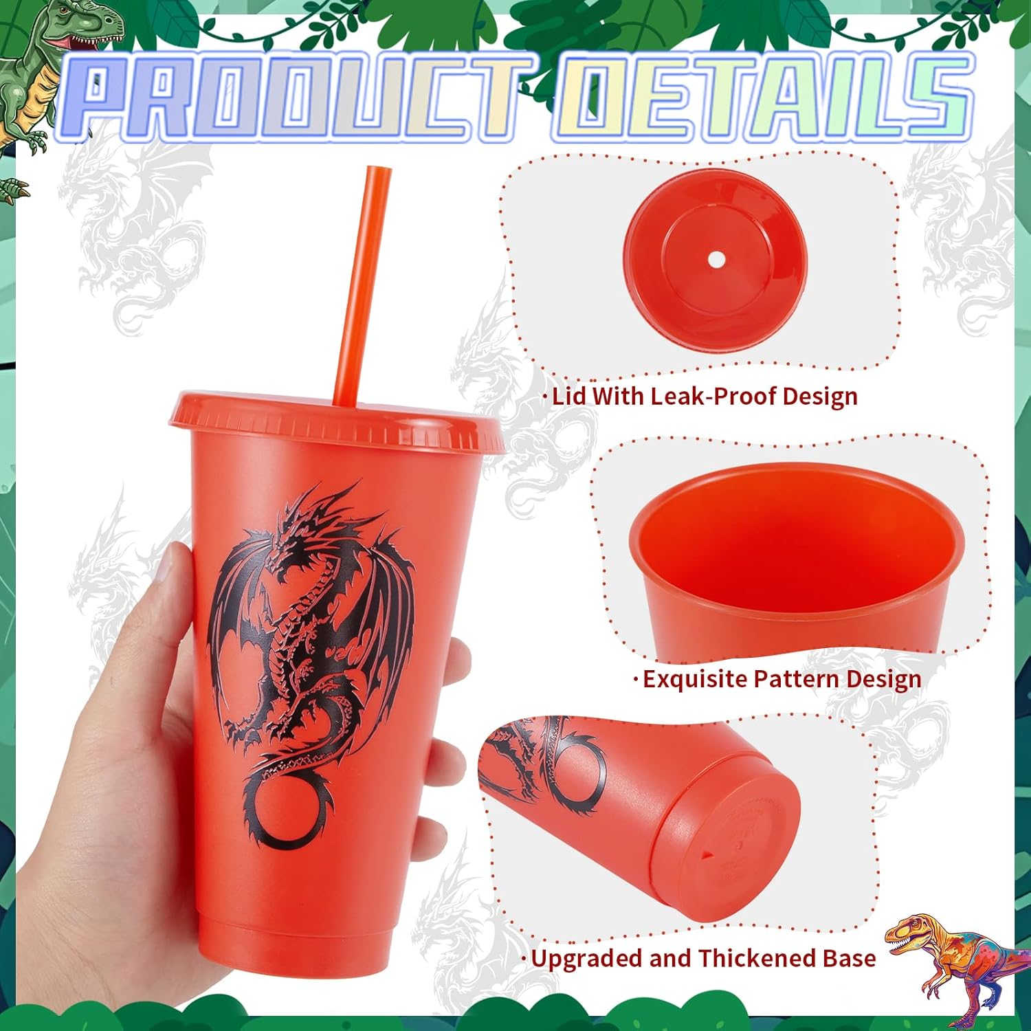 30 Pcs Western Dragon Cups with Lids and Straws, 24 oz Plastic Drink Cups Reusable Bulk Dragon Tumblers for Fantasy Creature Theme Party Supplies Birthday Party Gifts